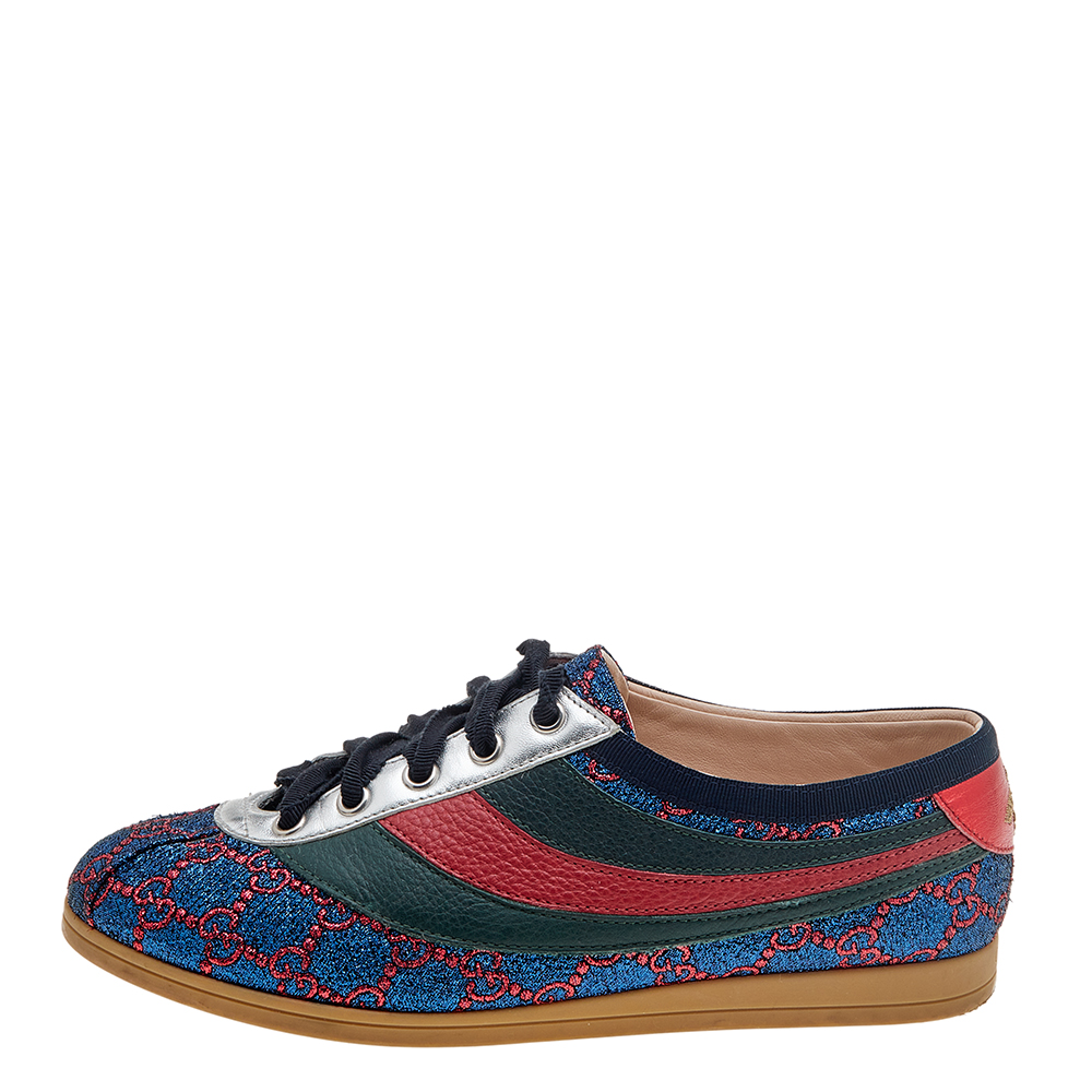 

Gucci Multicolor GG Lurex Fabric And Leather Web Bee Embroidered Low Top Sneakers Size