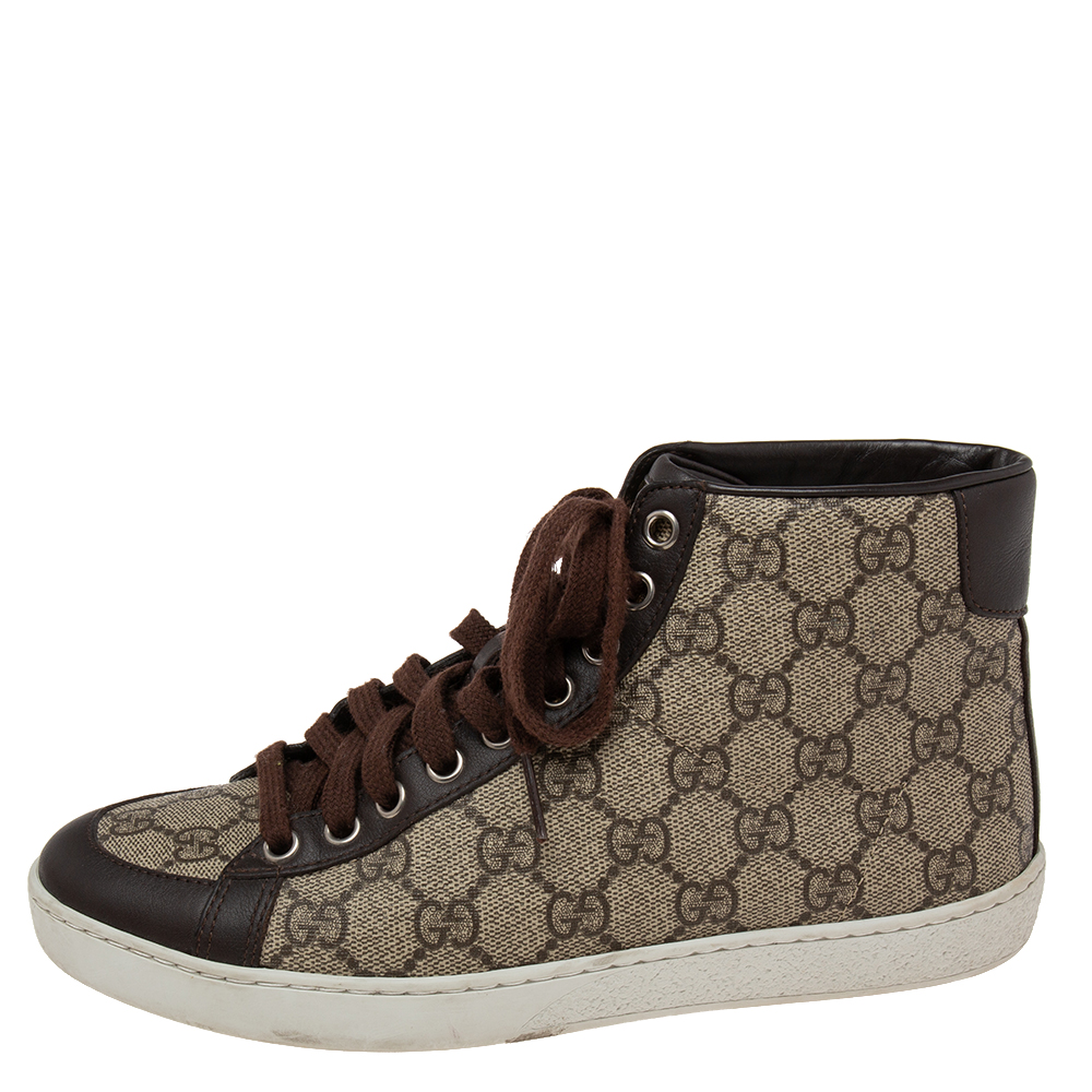 

Gucci Brown/Beige GG Supreme Canvas and Leather Trim High-Top Sneakers Size