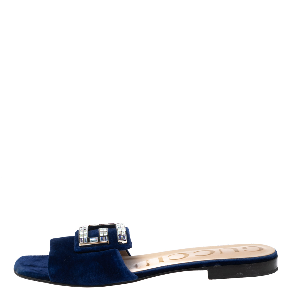 

Gucci Blue Velvet Crystal G Slide Sandals Size