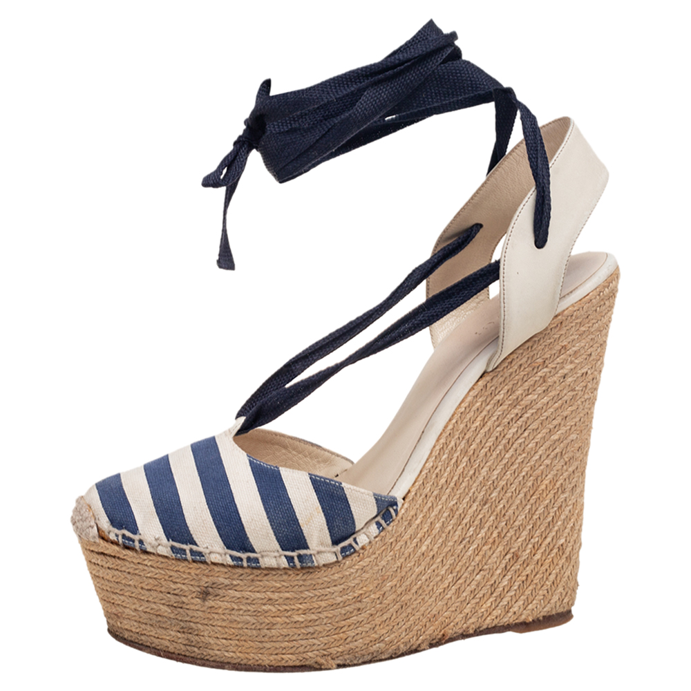 

Gucci Blue/Grey Canvas And Leather Espadrille Wedge Ankle Wrap Sandals Size