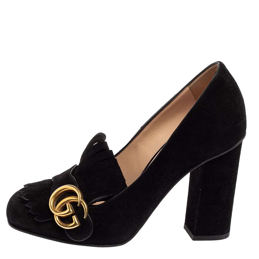 

Gucci Black Suede GG Marmont Fringe Pumps Size