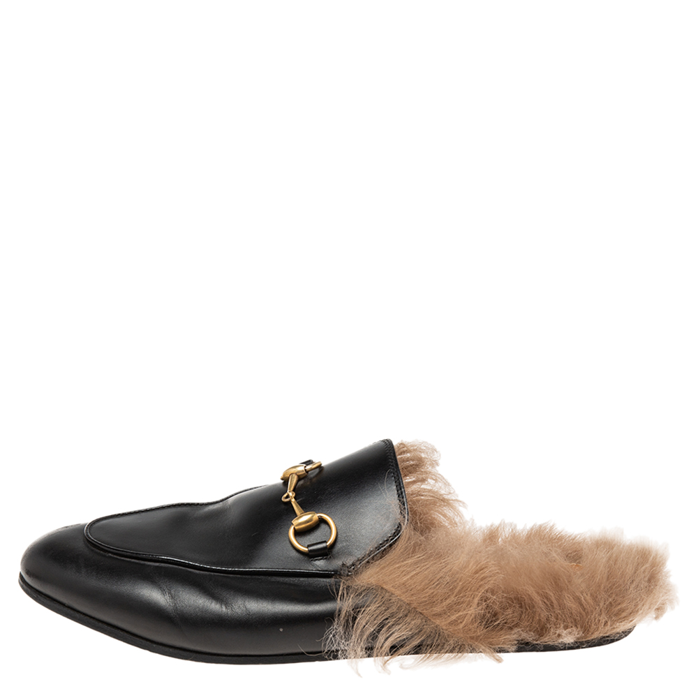 

Gucci Black Leather and Fur Princetown Horsebit Flat Mules Size