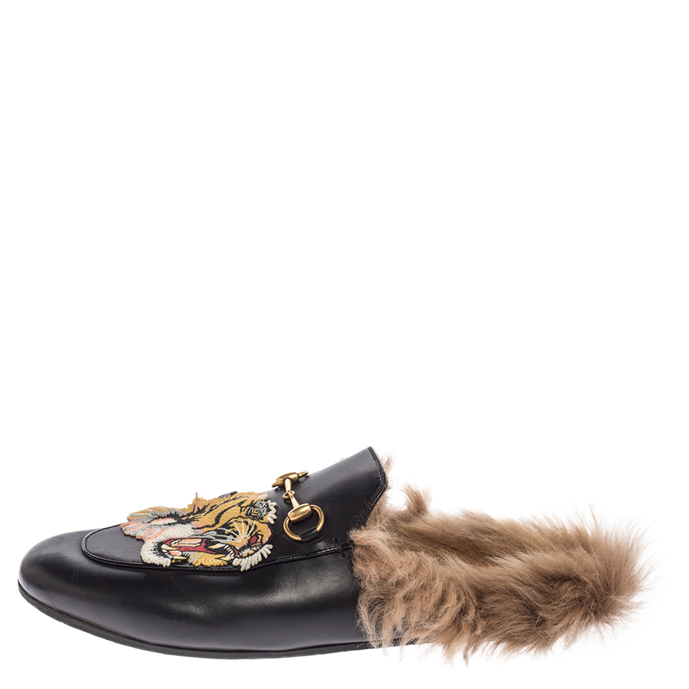 

Gucci Black Tiger Embroidered Leather And Fur Princetown Horsebit Flat Mules Size