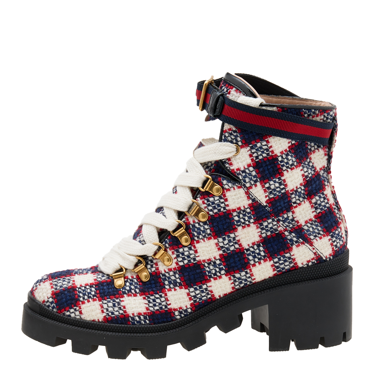 

Gucci Multicolor Vintage Check Tweed Lace Up Combat Boots Size