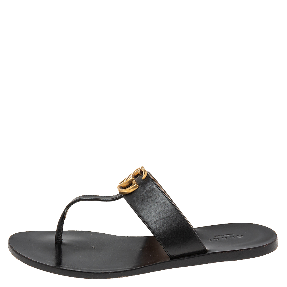 

Gucci Black Leather GG Marmont Flat Thong Sandals Size