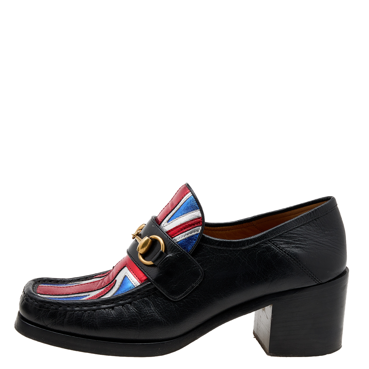 

Gucci Black Leather Union Jack Horsebit Block Heel Loafer Pumps Size