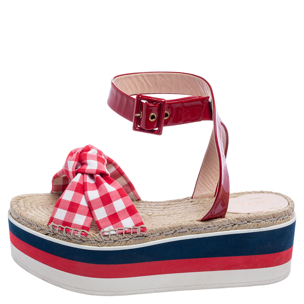 

Gucci Tri-Color Gingham Fabric and Patent Leather Sefir Espadrille Platform Sandals Size, Red