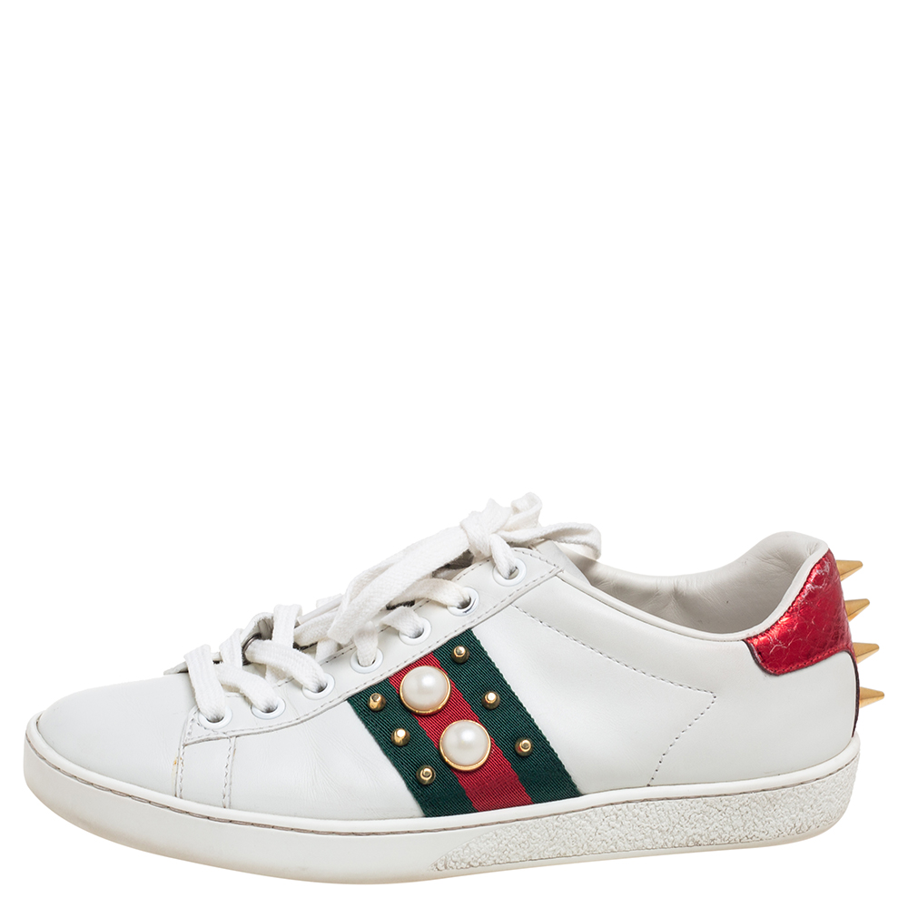 

Gucci White Leather And Python Embossed Ace Pearl Spike Sneakers Size