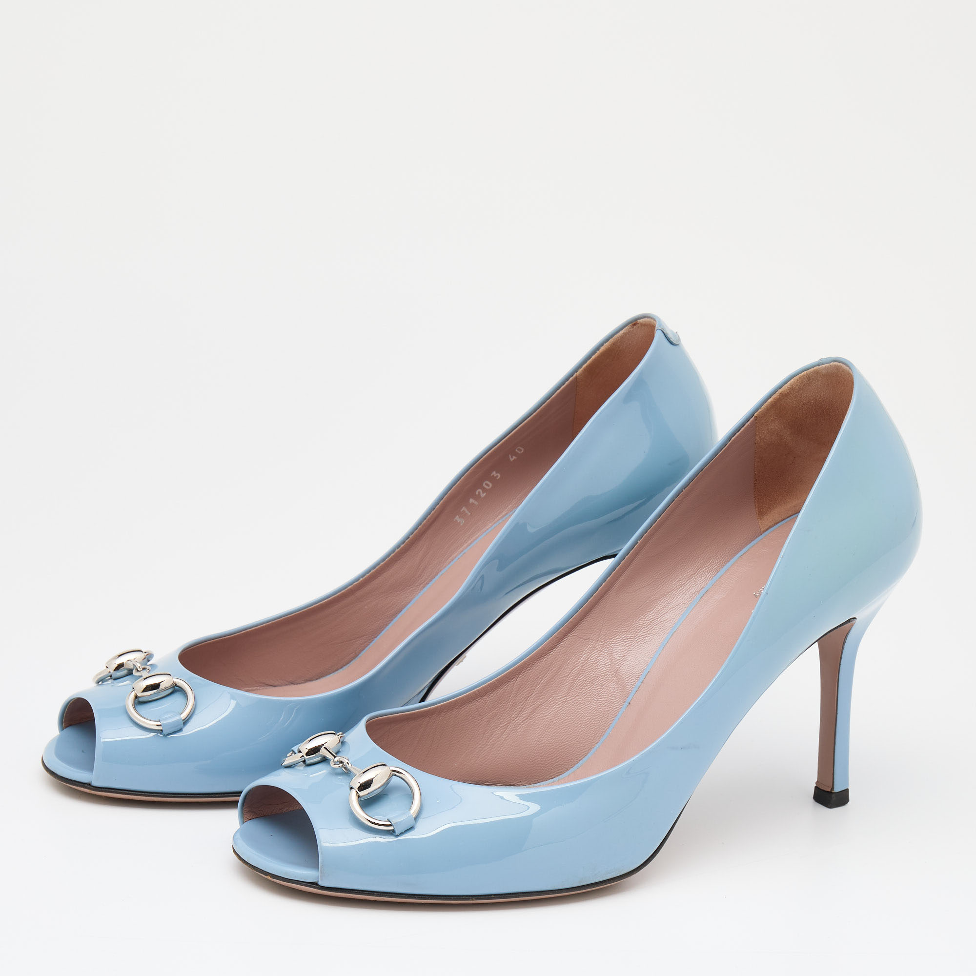 

Gucci Blue Patent Leather Horsebit Peep Toe Pumps Size