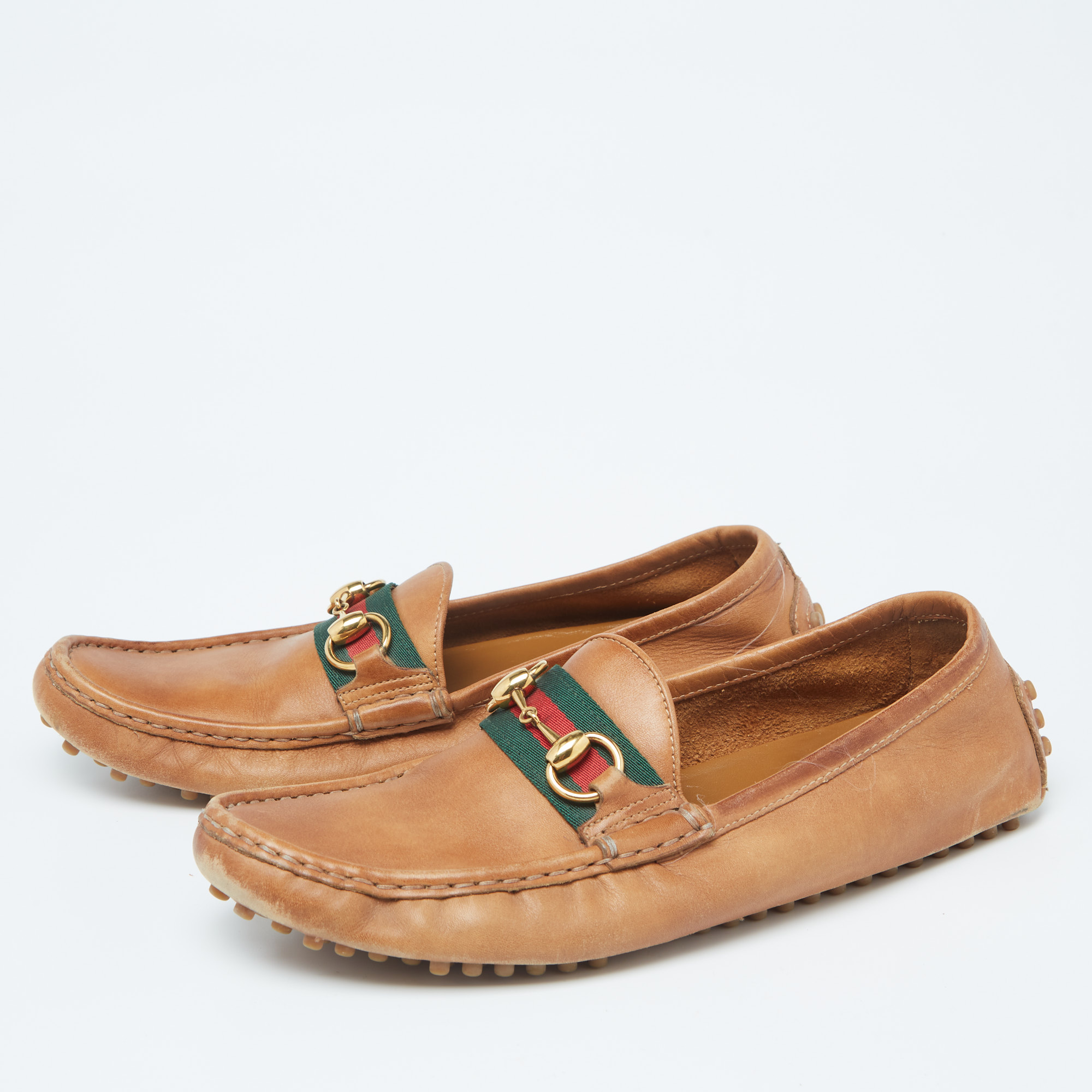 

Gucci Tan Leather Web Horsebit Loafers Size