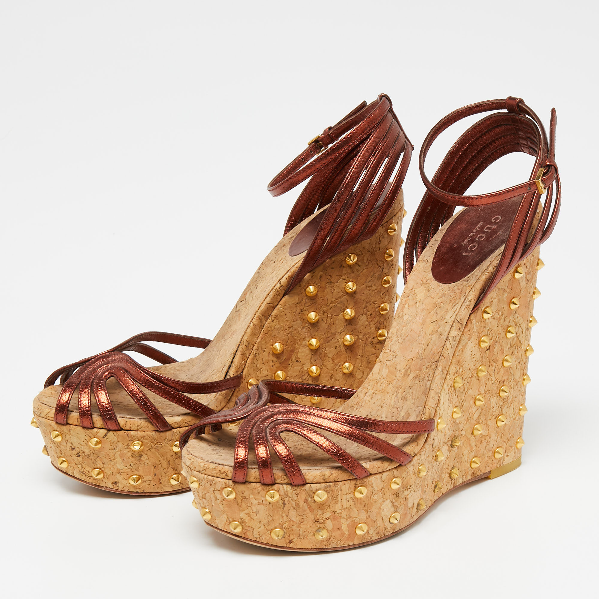 

Gucci Copper Leather Studded Cork Wedge Sandals Size, Metallic