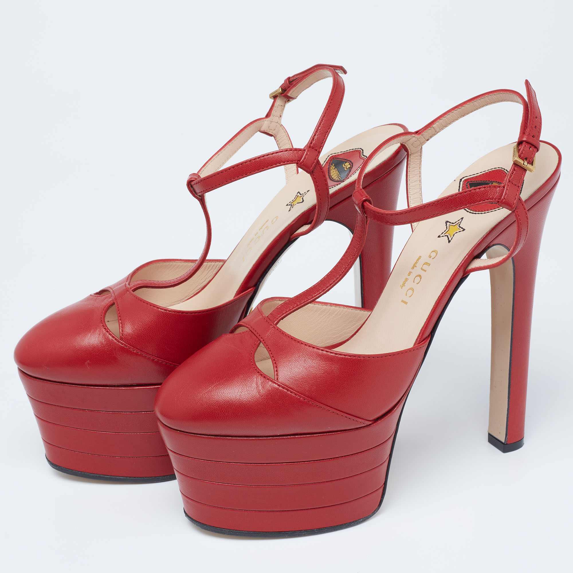 

Gucci Red Leather Angel T-Strap Platform Sandals Size