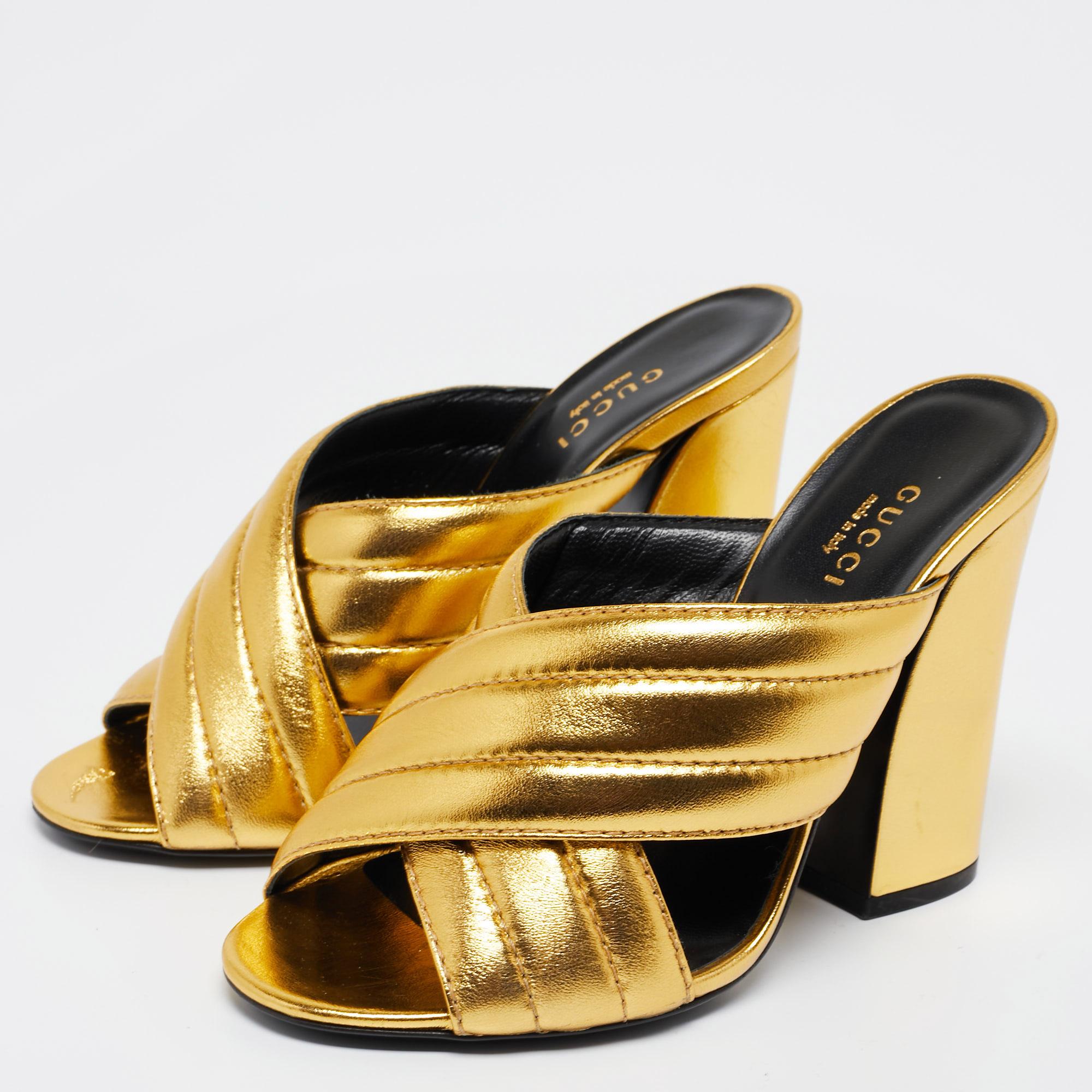 

Gucci Gold Quilted Leather Webby Mules Size