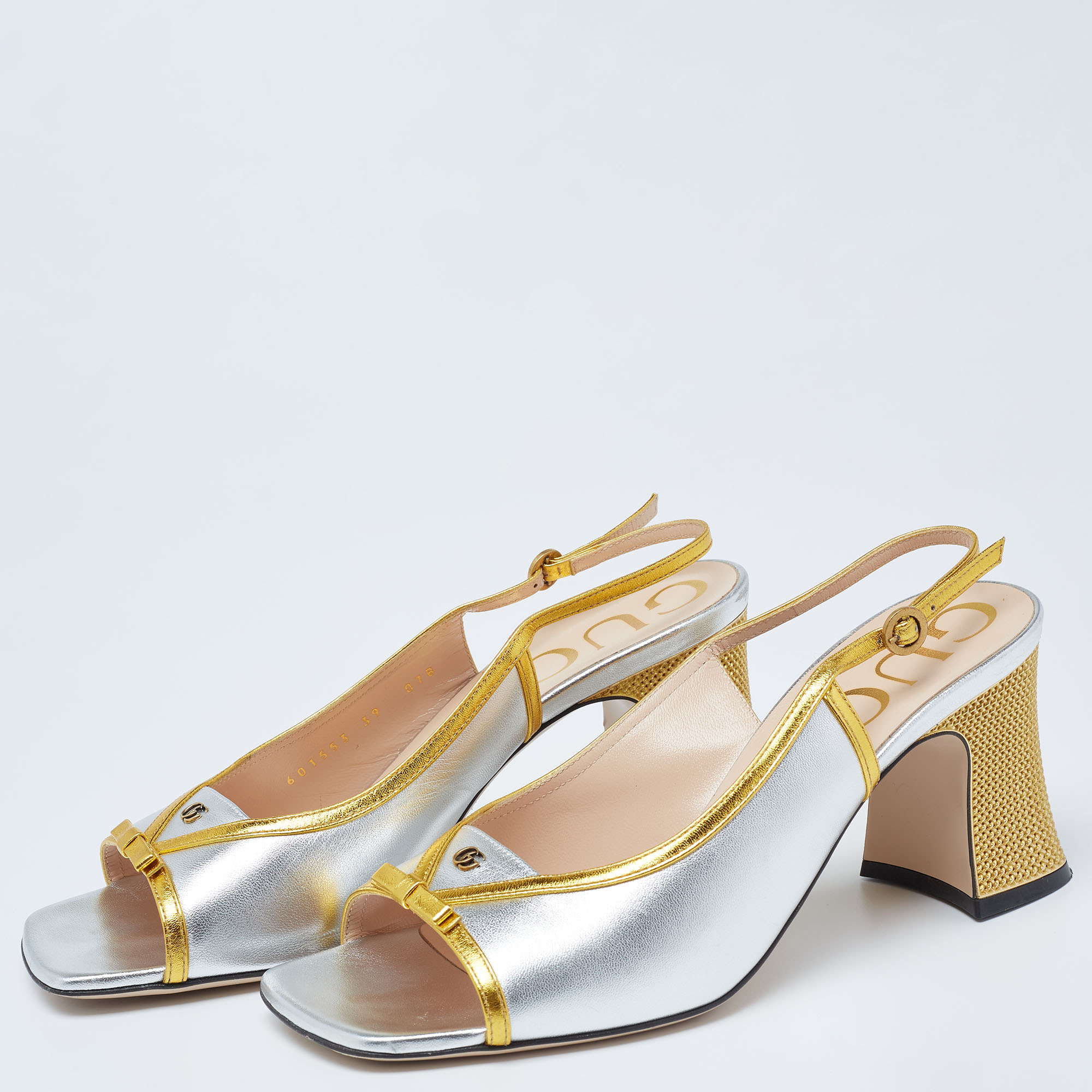 

Gucci Metallic Gold/Silver Leather Alison Bow Sandals Size