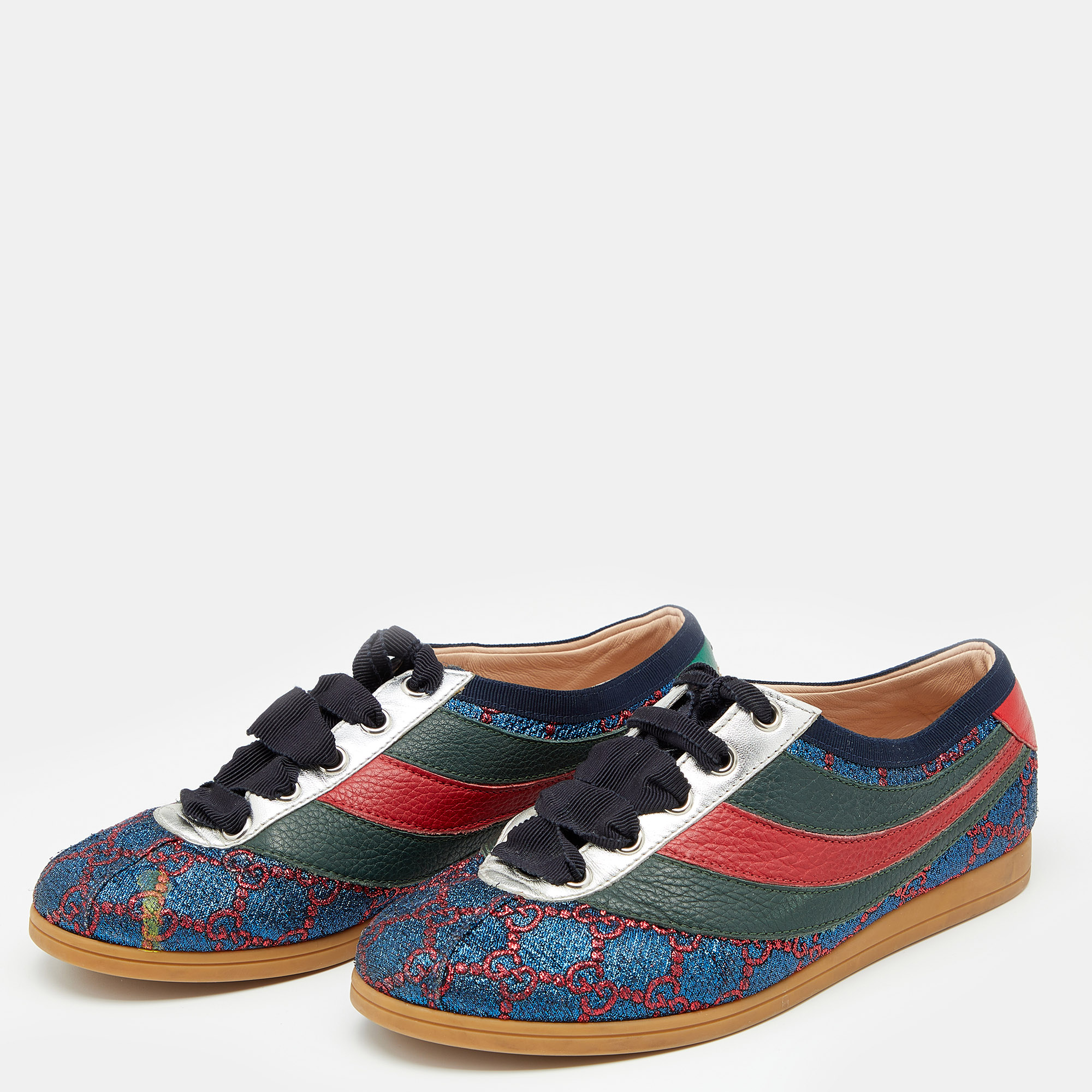 

Gucci Multicolor Lurex Fabric And Leather Web Low Top Sneakers Size