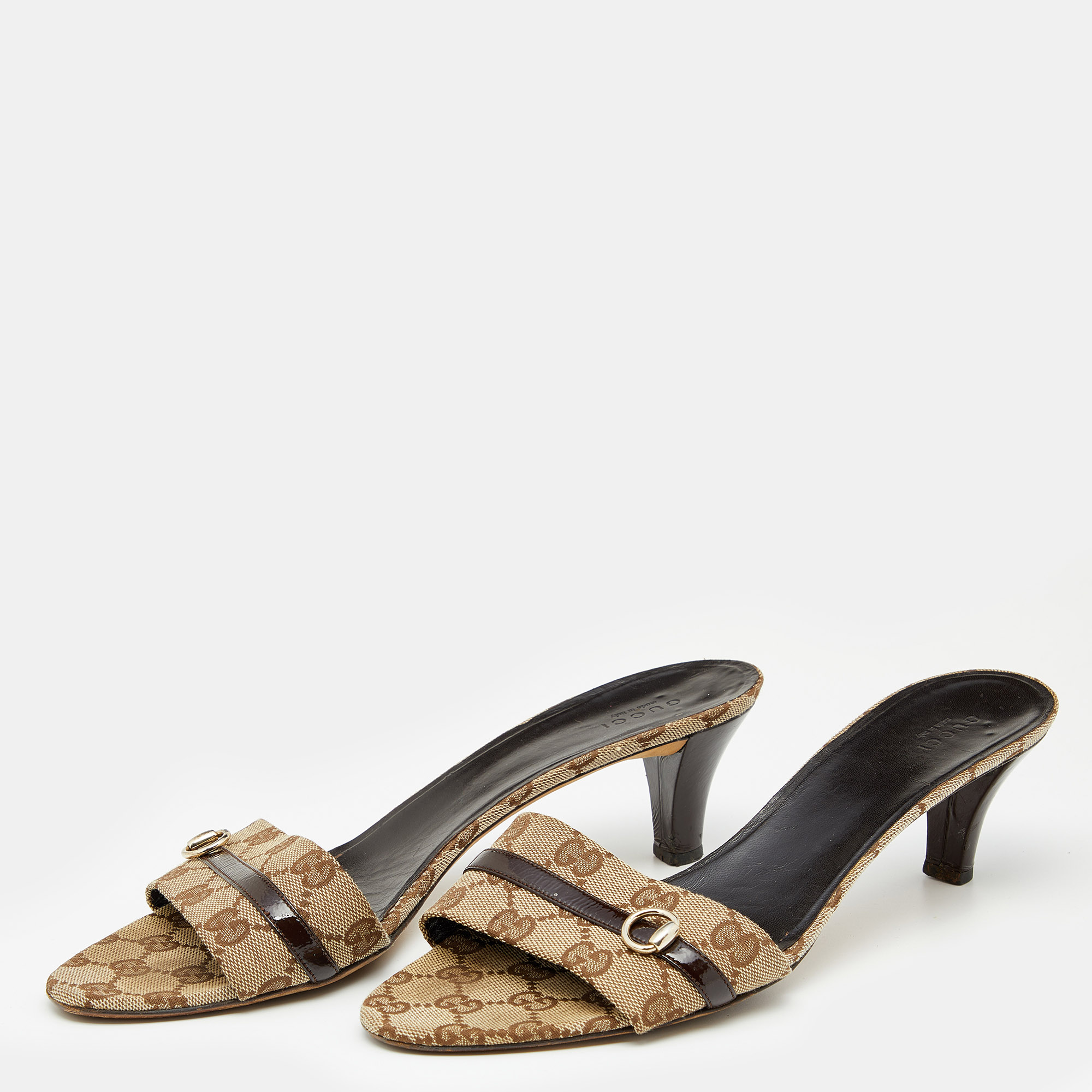 

Gucci Beige/Brown GG Canvas And Patent Leather Trim Slide Sandals Size