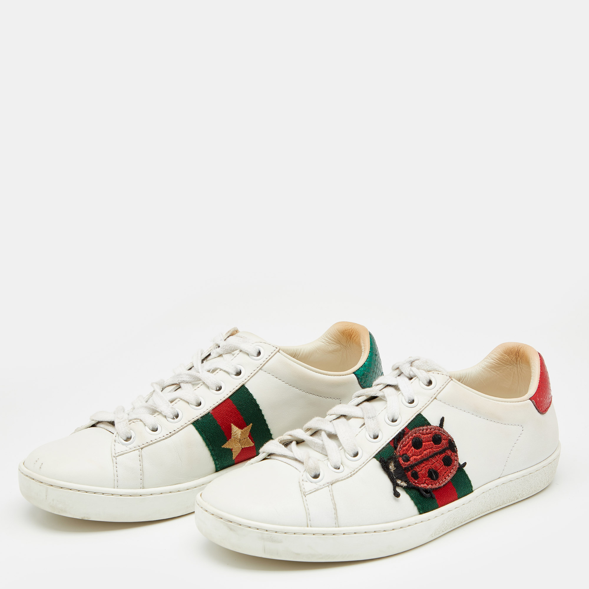 

Gucci White Leather Embroidered Ladybug And Pineapple Ace Sneakers Size