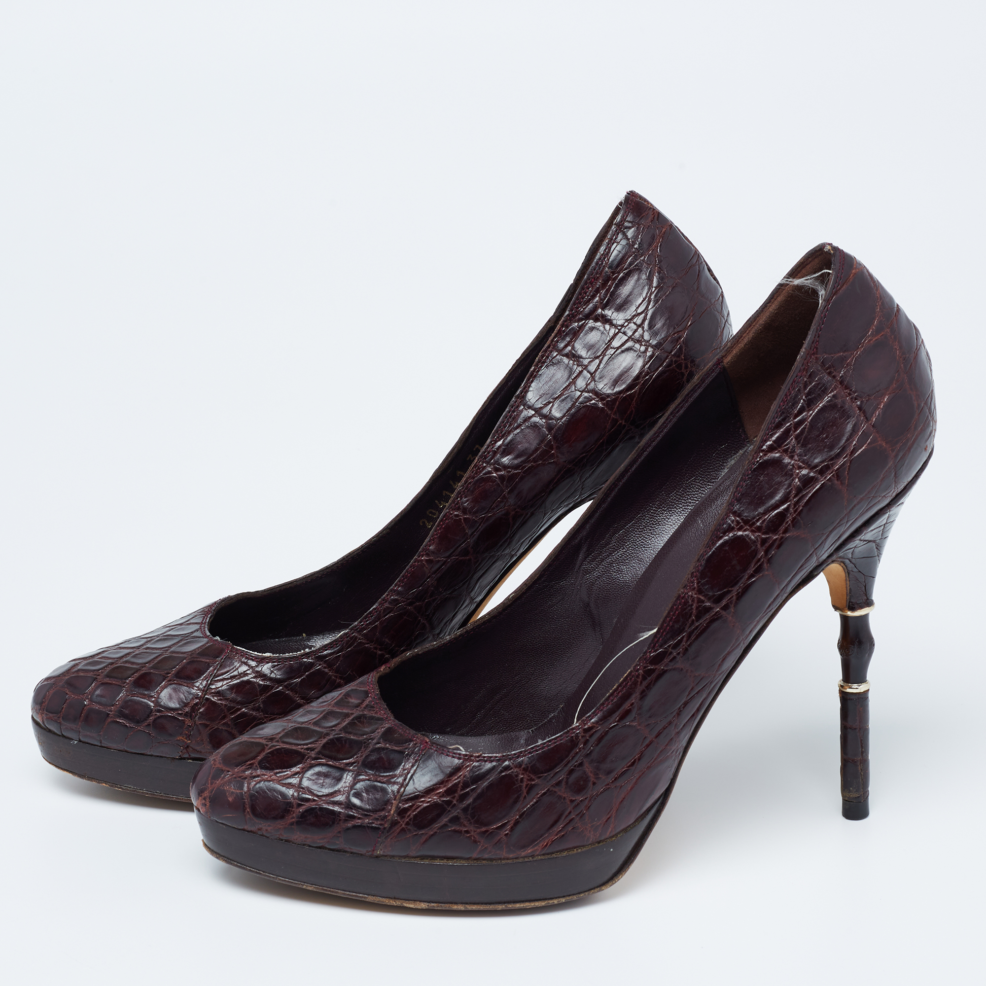 

Gucci Dark Plum Croc Leather Round-Toe Platform Pumps Size, Purple