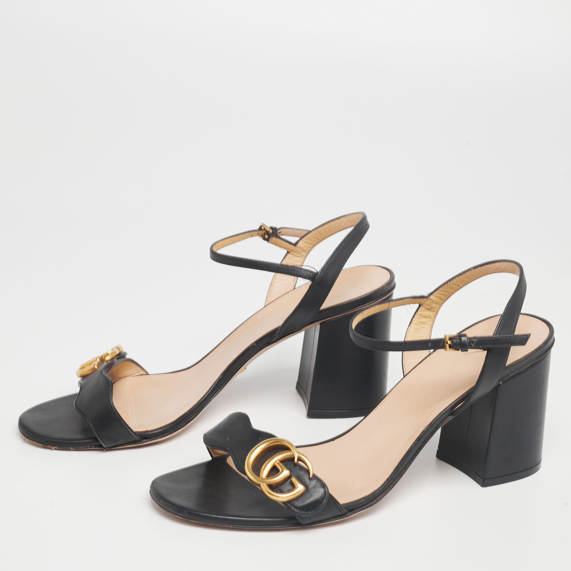 

Gucci Black Leather GG Marmont Ankle-Strap Sandals Size