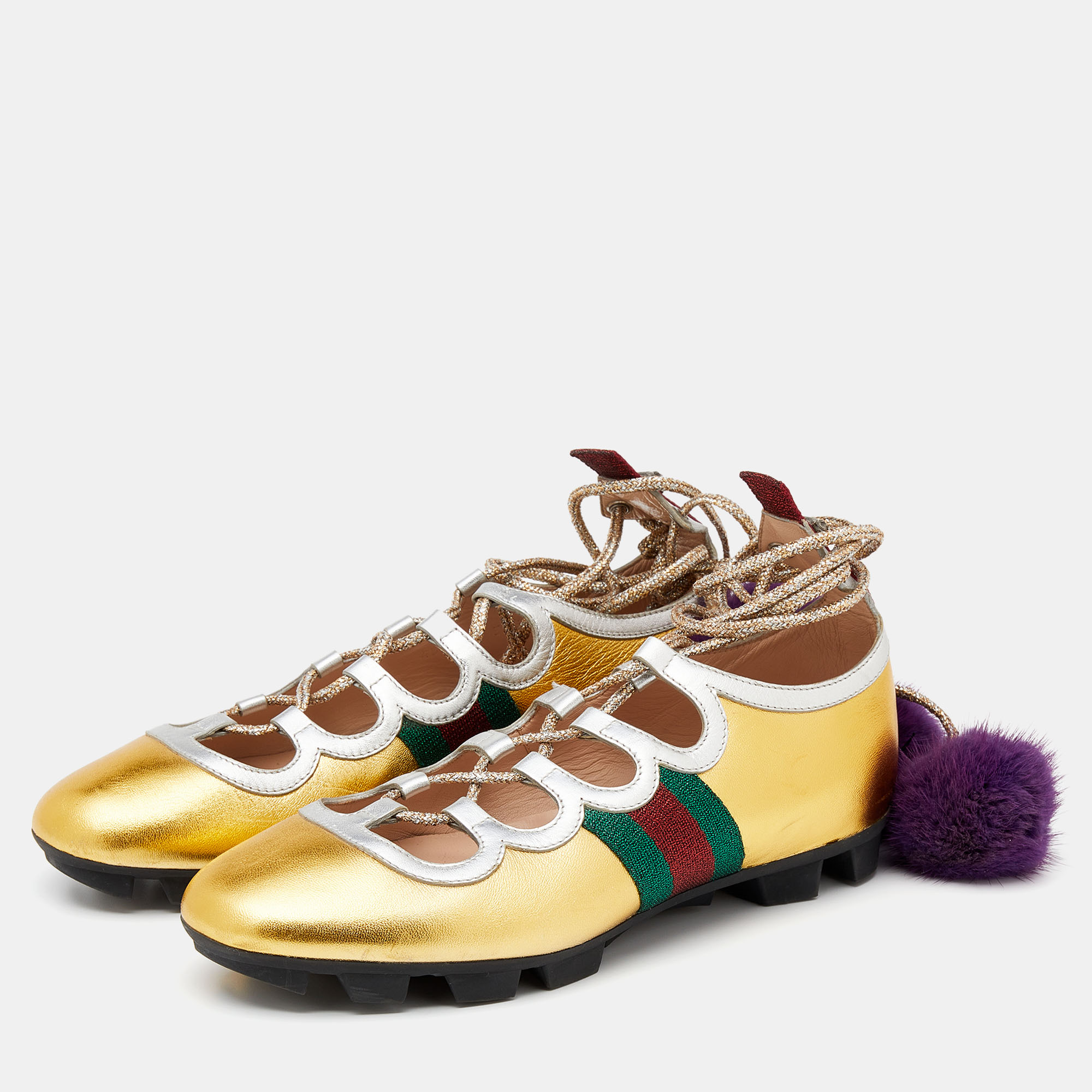 

Gucci Metallic Gold/Silver Leather Pom-Pom Tie Up Titan Sneakers Size