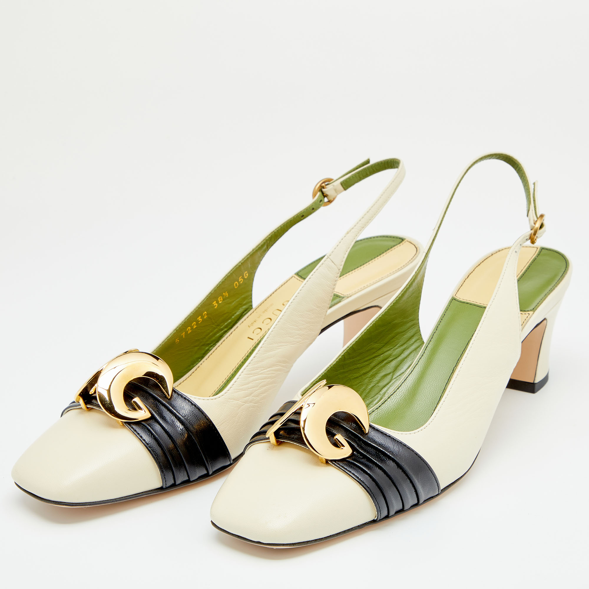 

Gucci Cream/Black Leather Usagi Half Moon GG Slingback Sandals Size