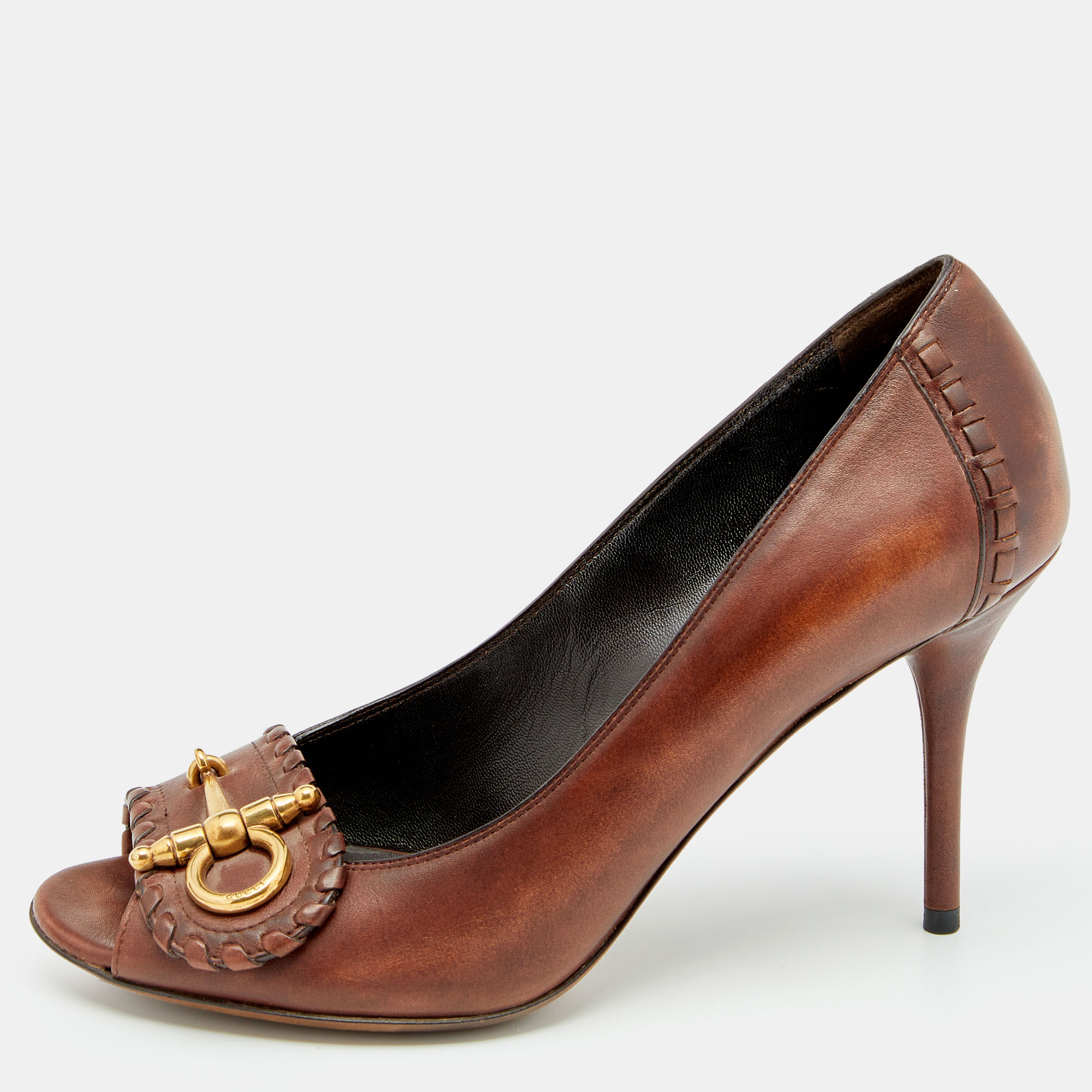 Pre-owned Gucci Brown Leather Horsebit Peep Toe Pumps Size 38