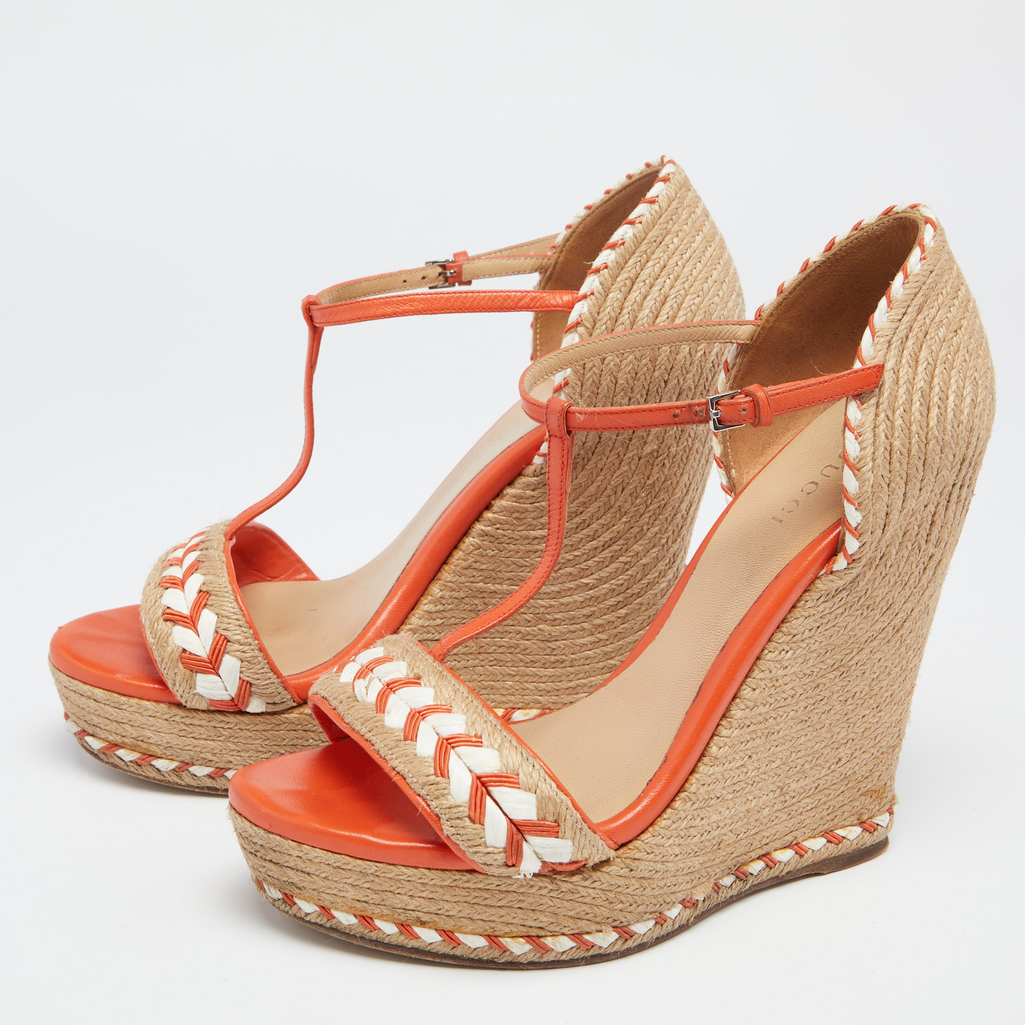 

Gucci Orange/Brown Leather And Raffia Woven Tiffany Espadrille Wedge Sandals Size