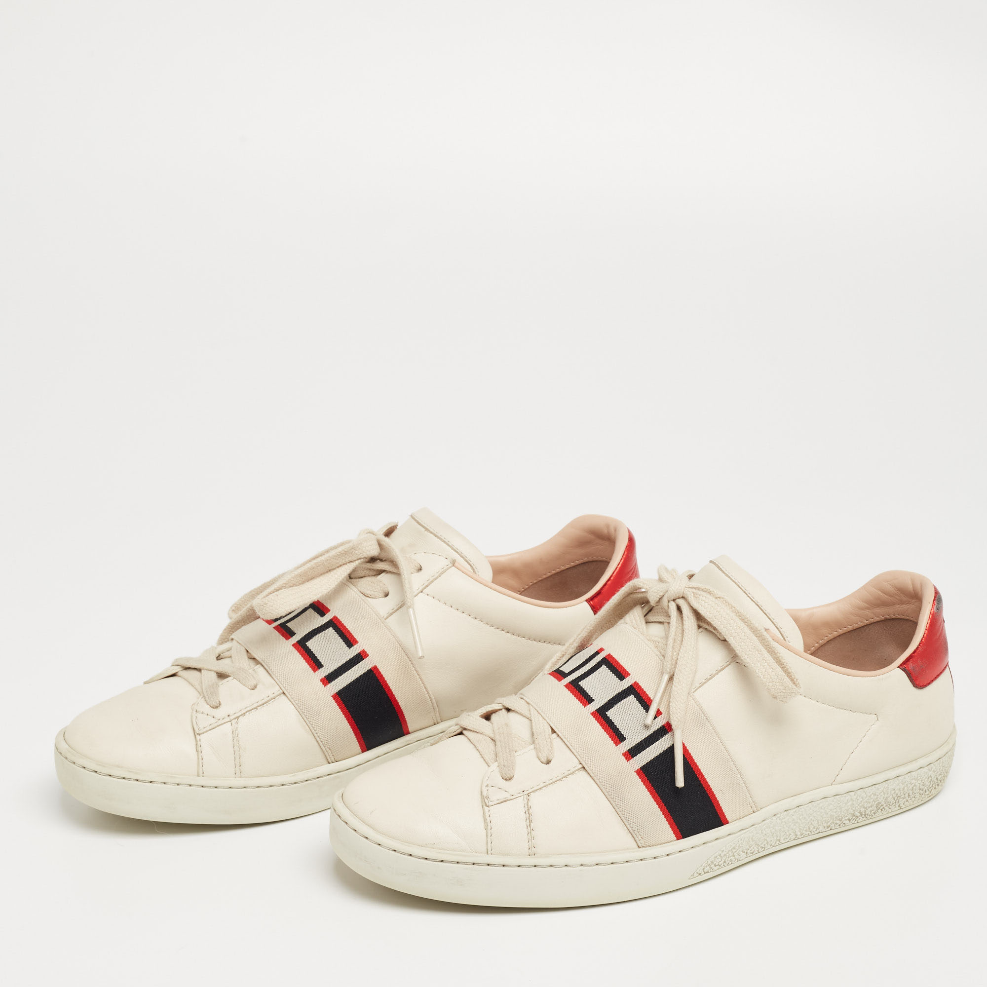 

Gucci Cream/Red Leather Ace Band Low Top Sneakers Size