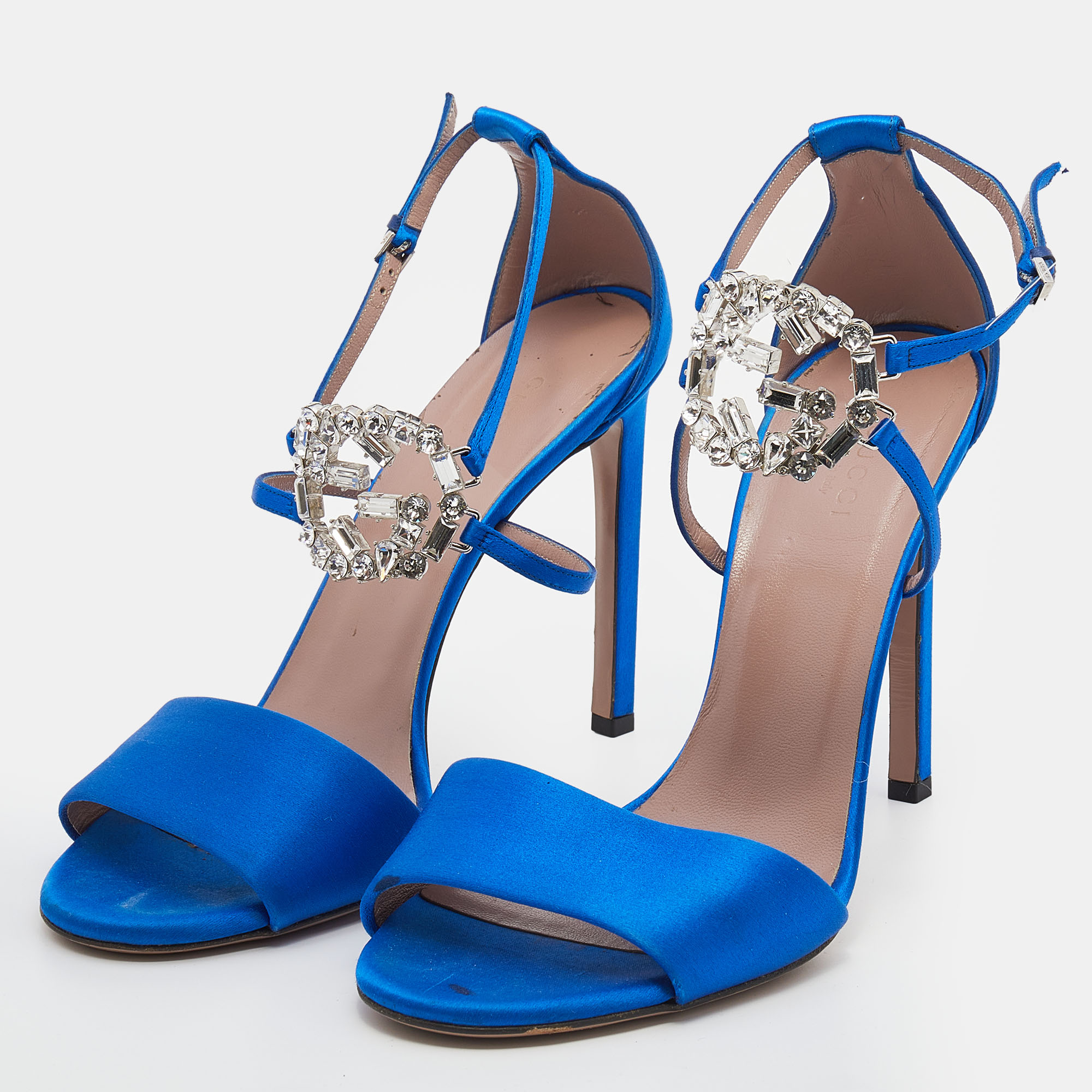 

Gucci Blue Satin Crystal Embellished Interlocking G Ankle Strap Sandals Size