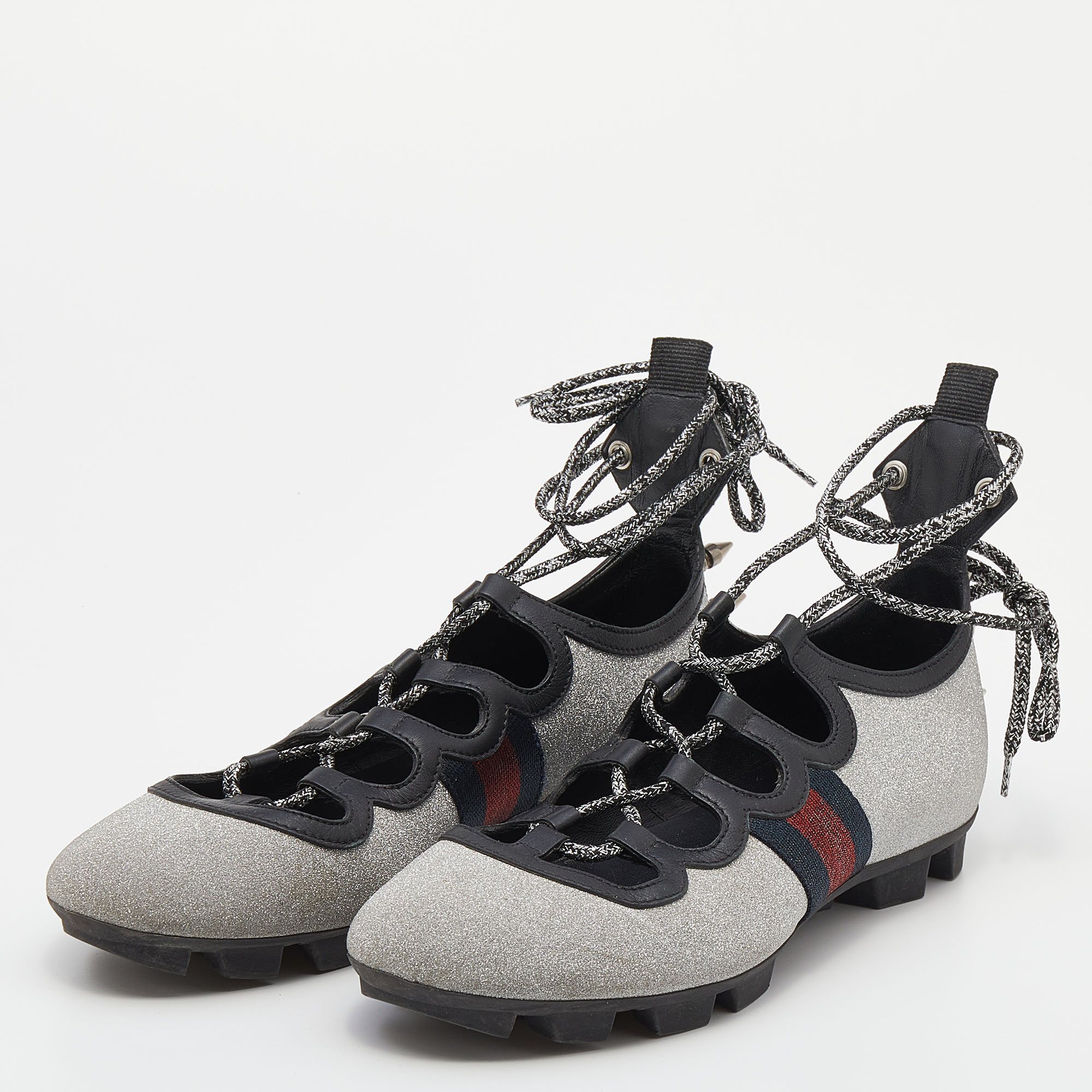 

Gucci Silver Glitter Titan Web Studded Low Top Sneakers Size