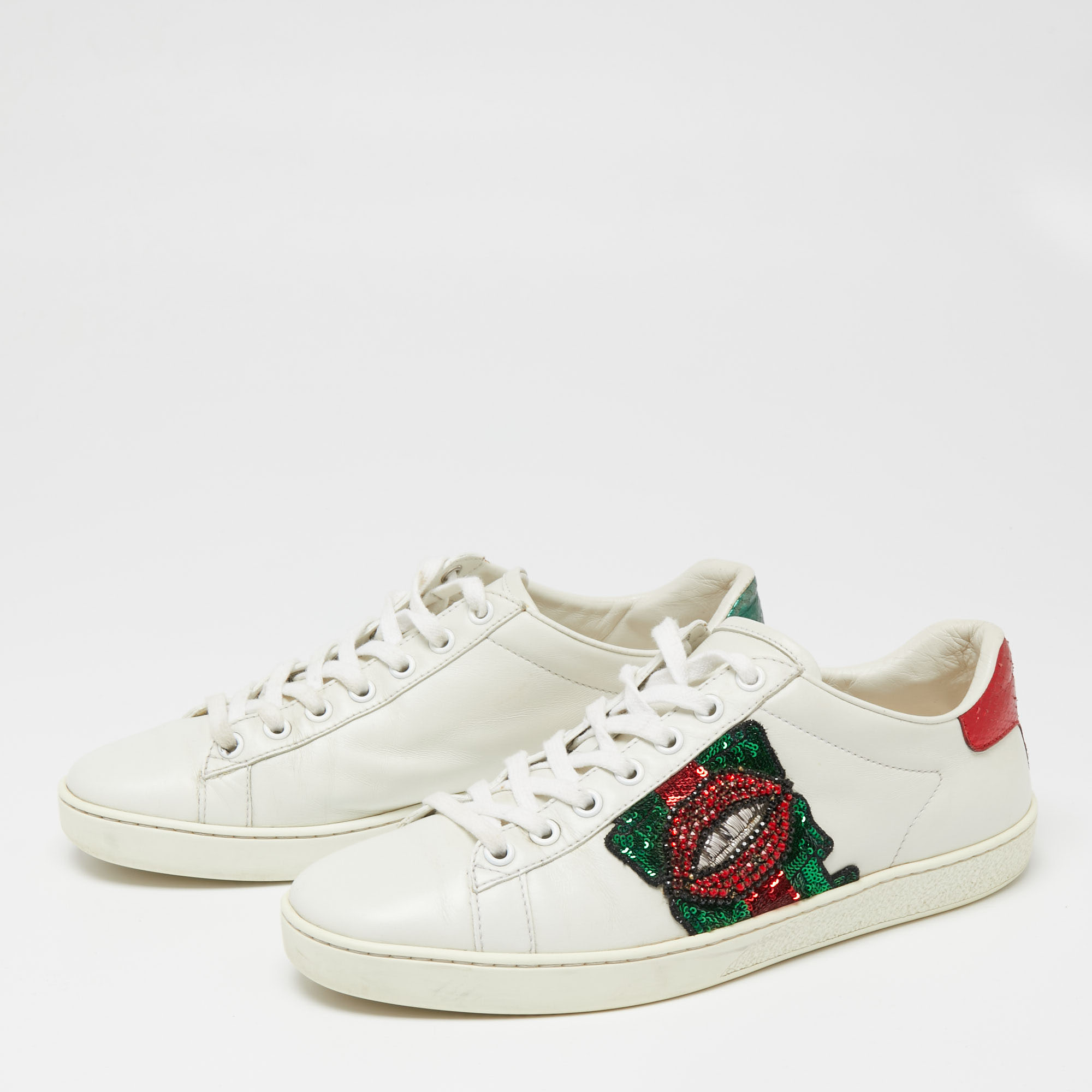 

Gucci White Leather And Python Embossed Leather Sequins Ace Sneakers Size