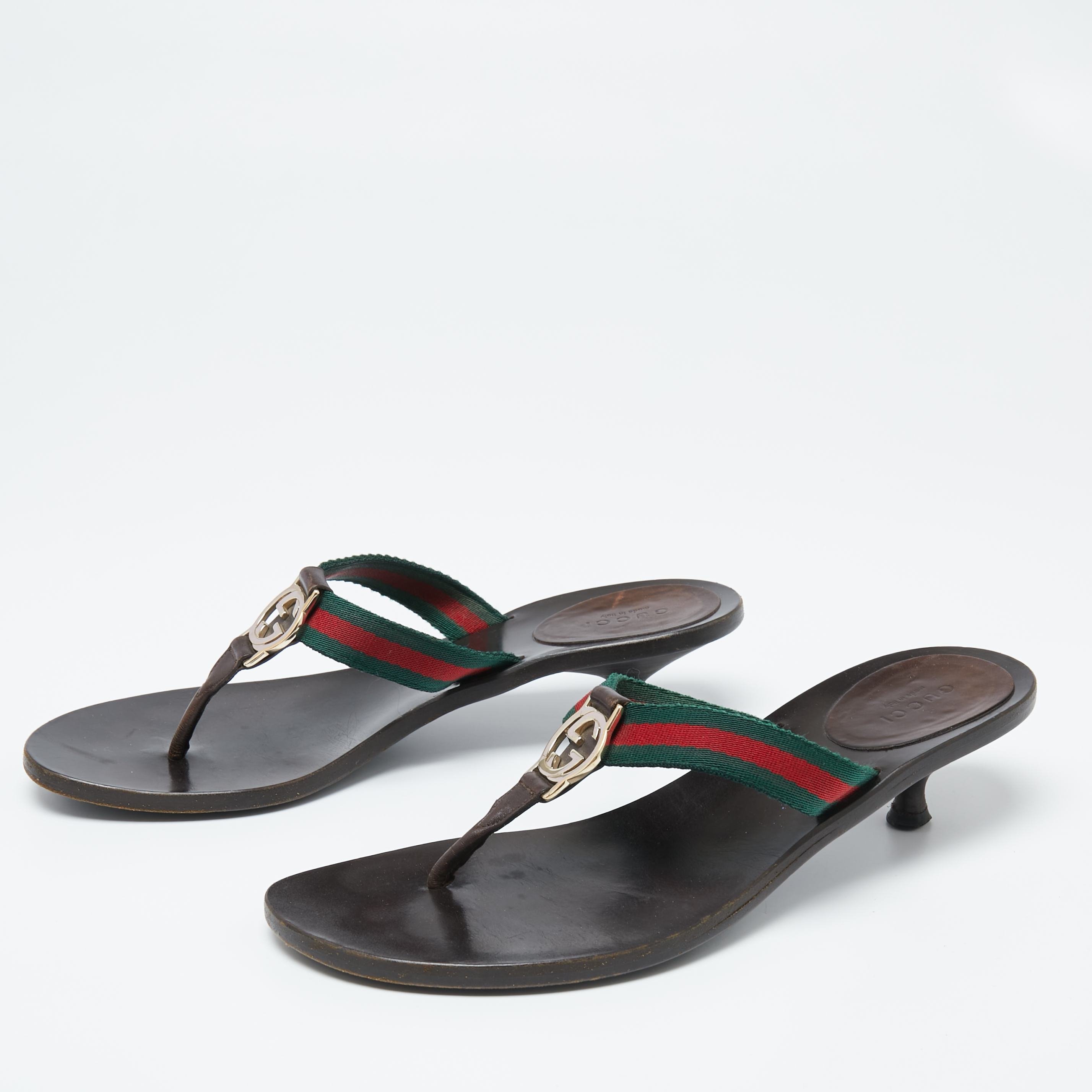 

Gucci Dark Brown Leather and Web Interlocking G Thong Slide Sandals Size