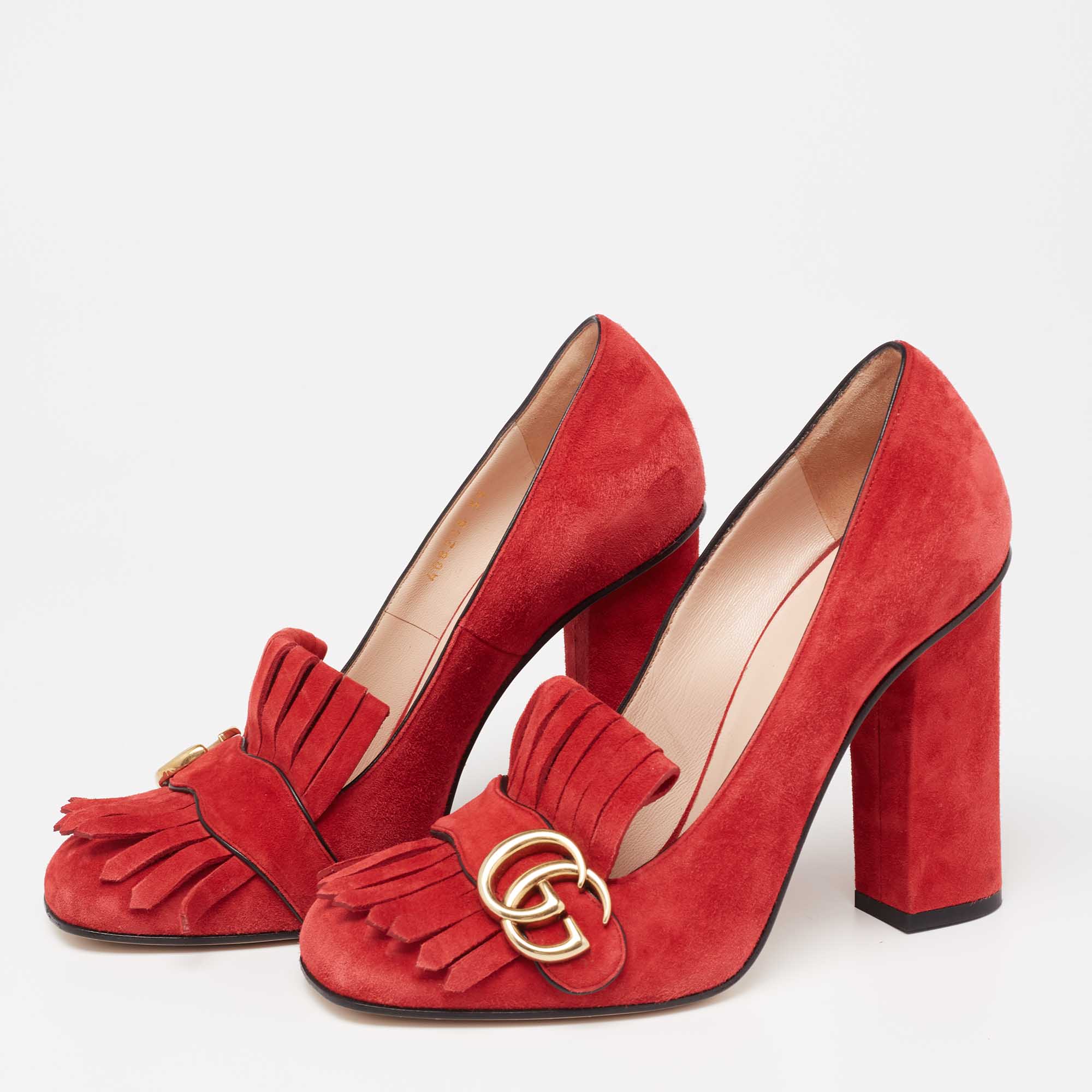 

Gucci Red Suede GG Marmont Fringe Block Heel Pumps Size
