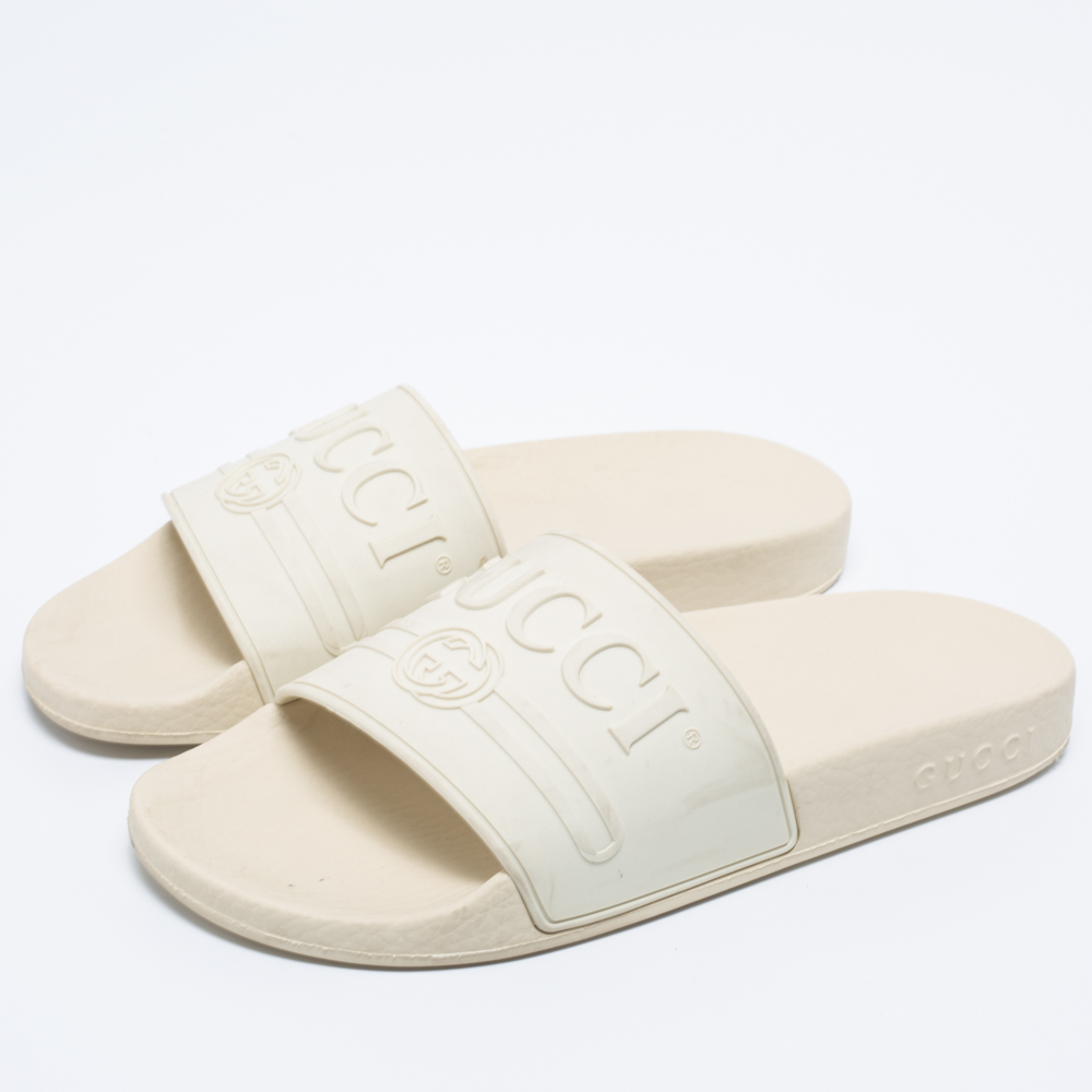 

Gucci Off White Rubber Interlcoking G Pool Slides Size, Cream