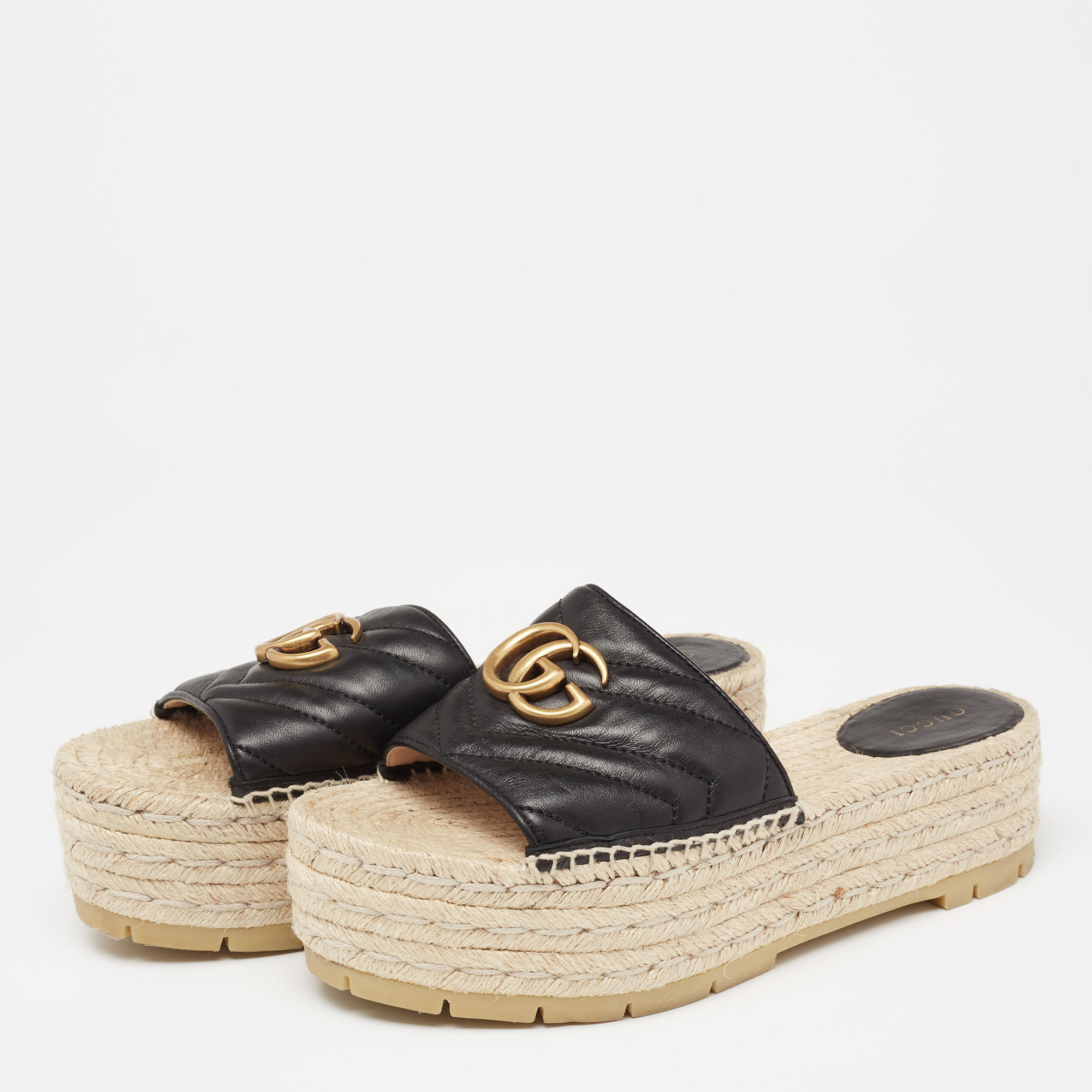 

Gucci Black Leather GG Logo Platform Espadrille Sandals Size