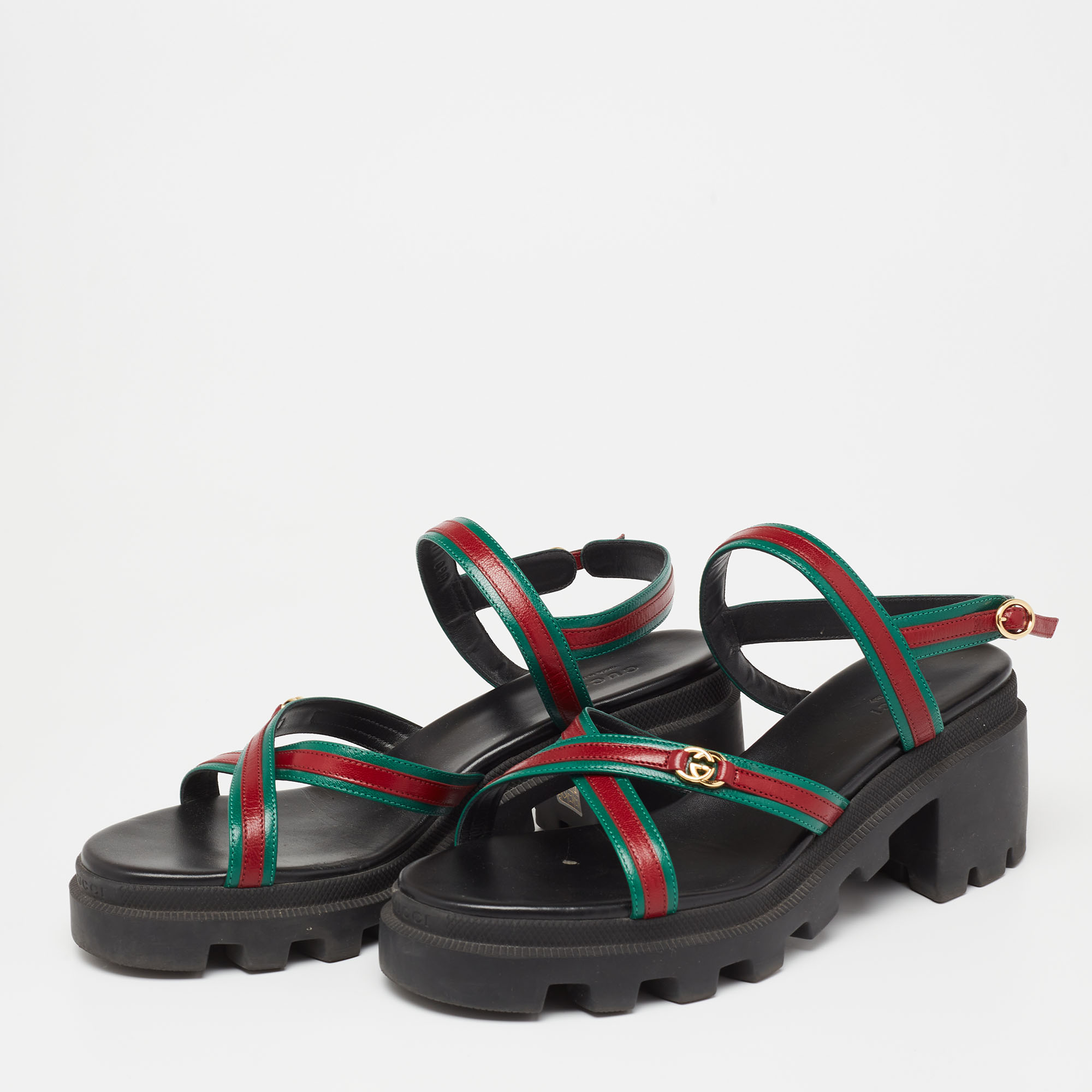 

Gucci Green/Red Leather Block Heel Sandals Size