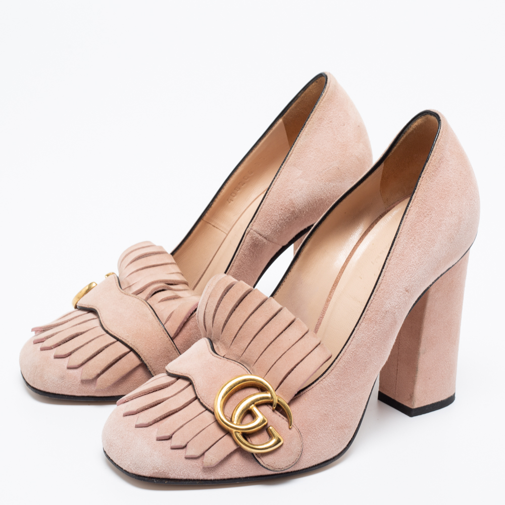 

Gucci Light Pink Suede GG Marmont Fringe Pumps Size