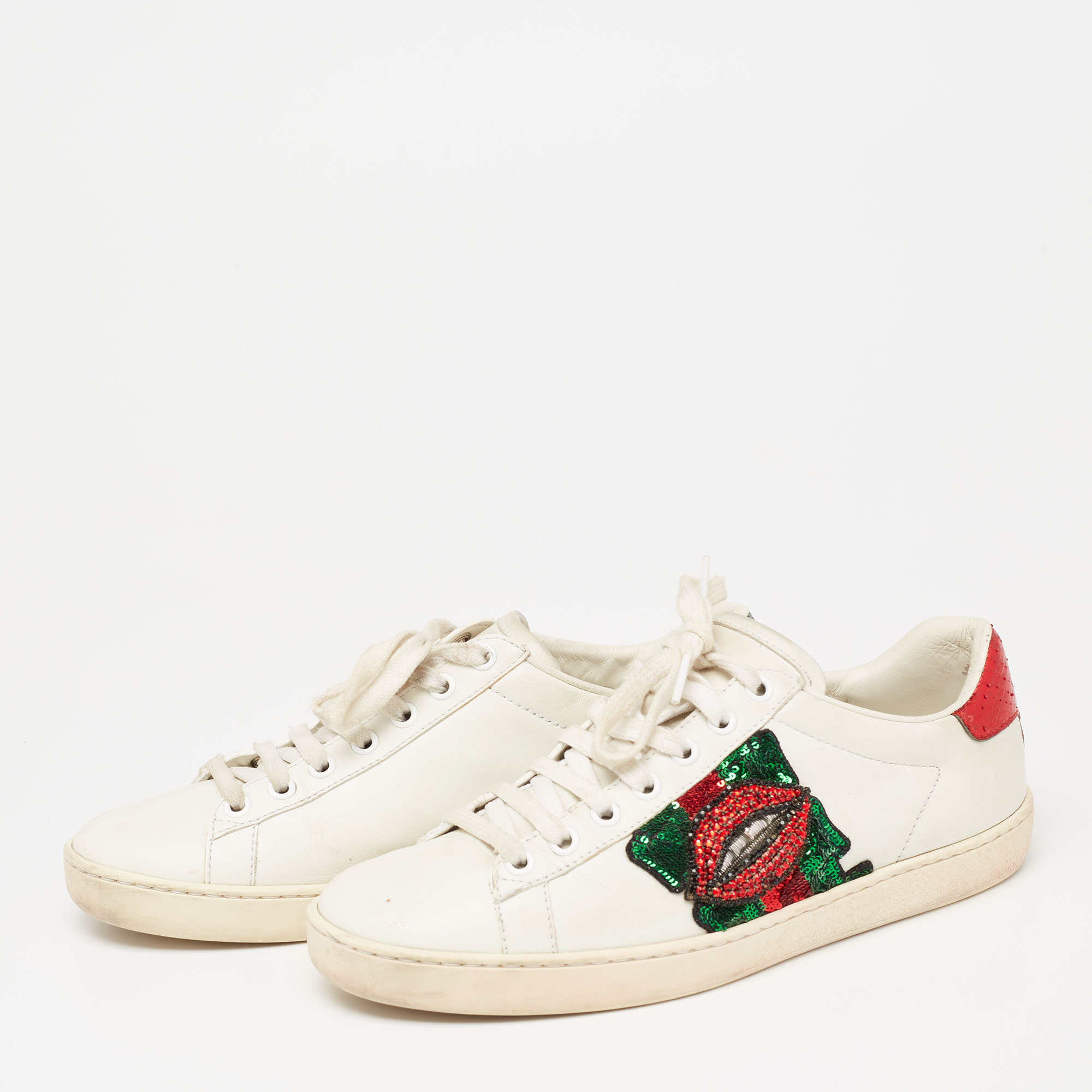 

Gucci White Leather Sequins And Crystal Lips Ace Low Top Sneakers Size