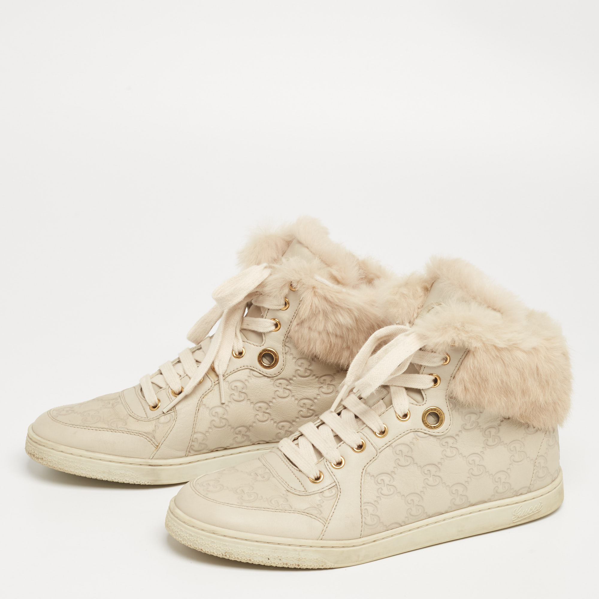 

Gucci Cream/Beige Guccissima Leather Cada Fur Trim High Top Sneakers Size