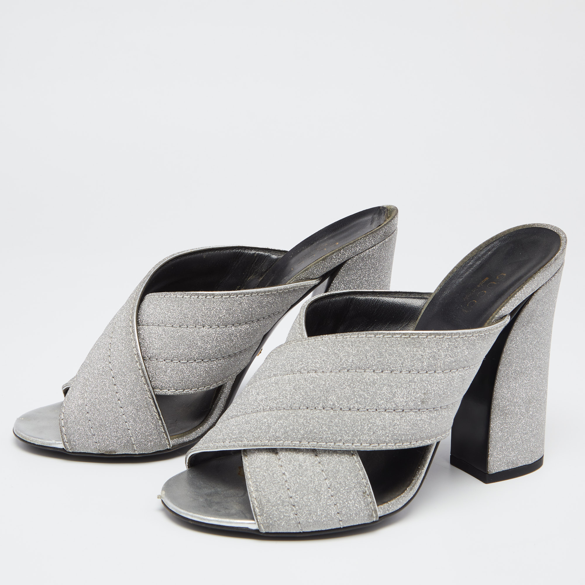 

Gucci Silver Glitter Crisscross Mule Sandals Size