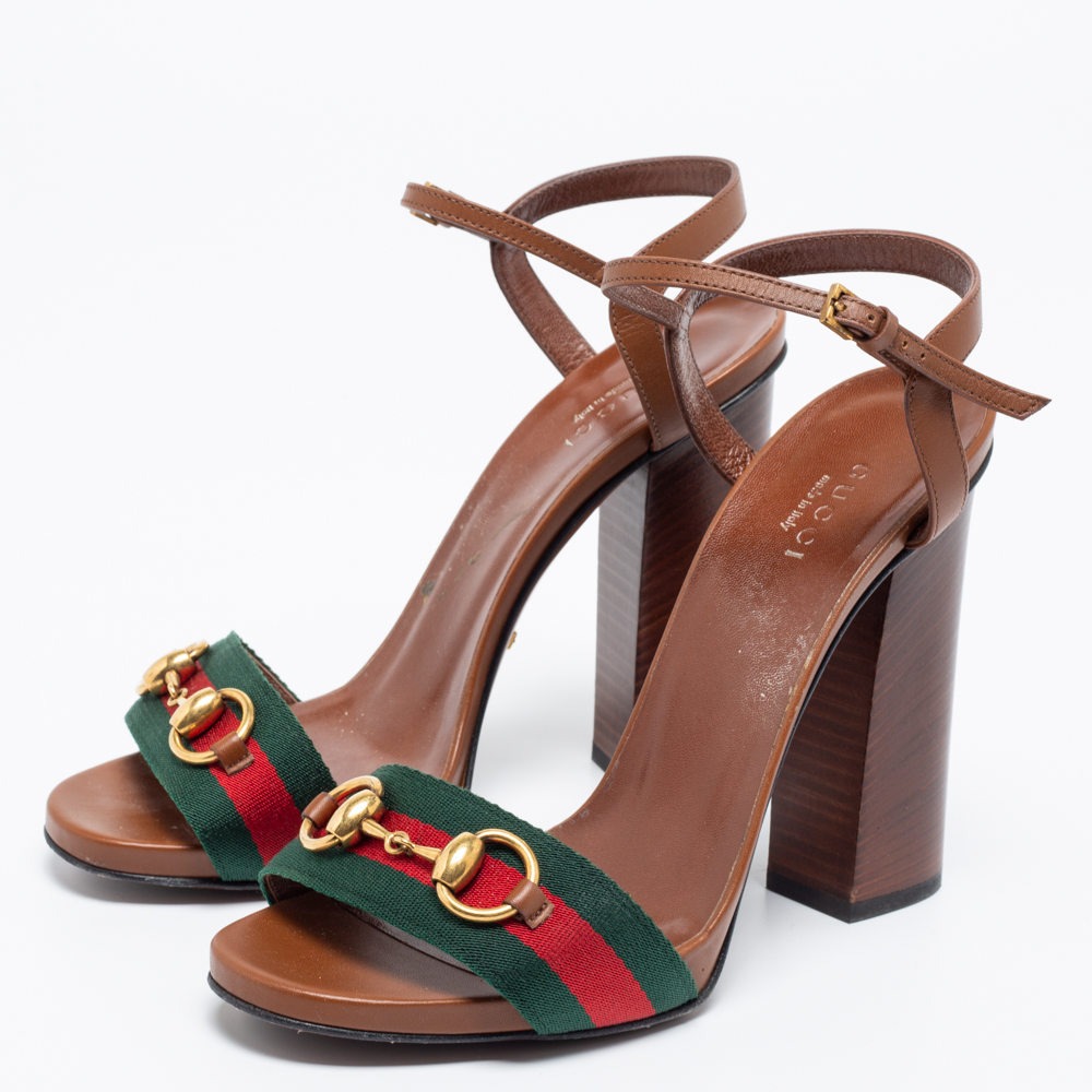 

Gucci Brown Leather Web Horsebit Ankle-Strap Sandals Size