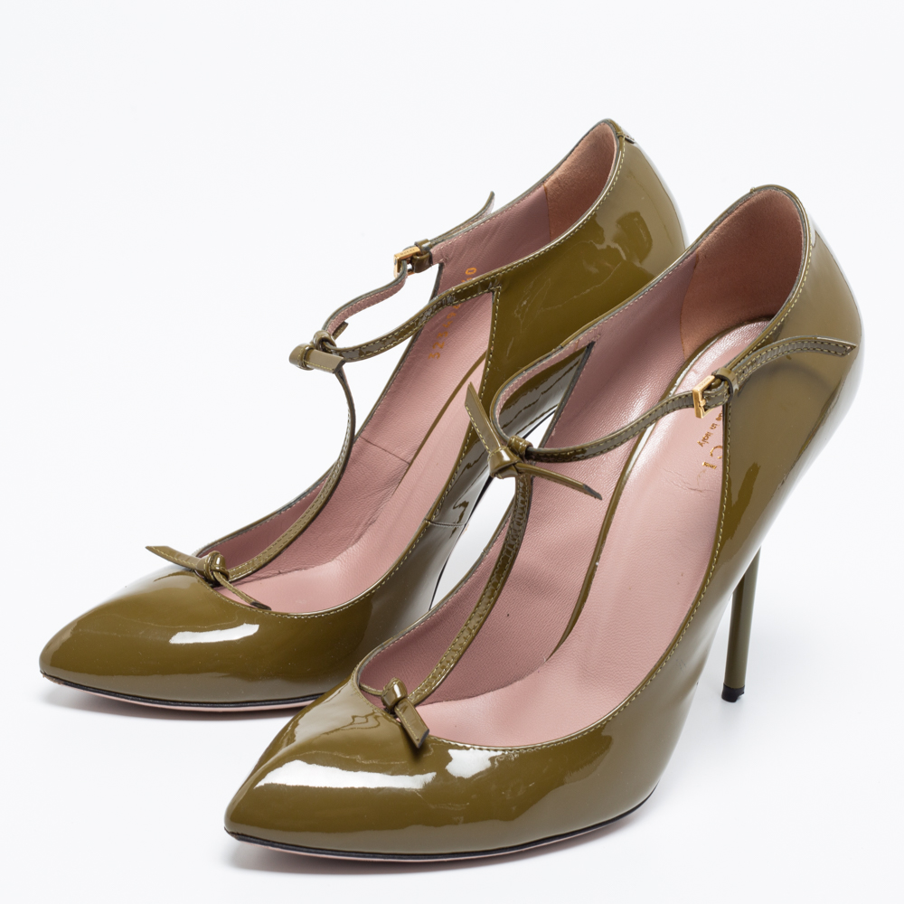 

Gucci Olive Green Patent Leather Bow Beverly Pumps Size