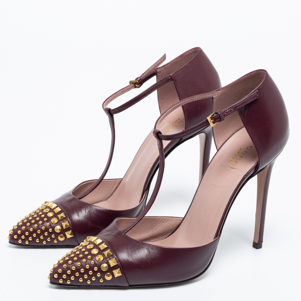 

Gucci Burgundy Leather Studded Cap-Toe T-Strap Pumps Size