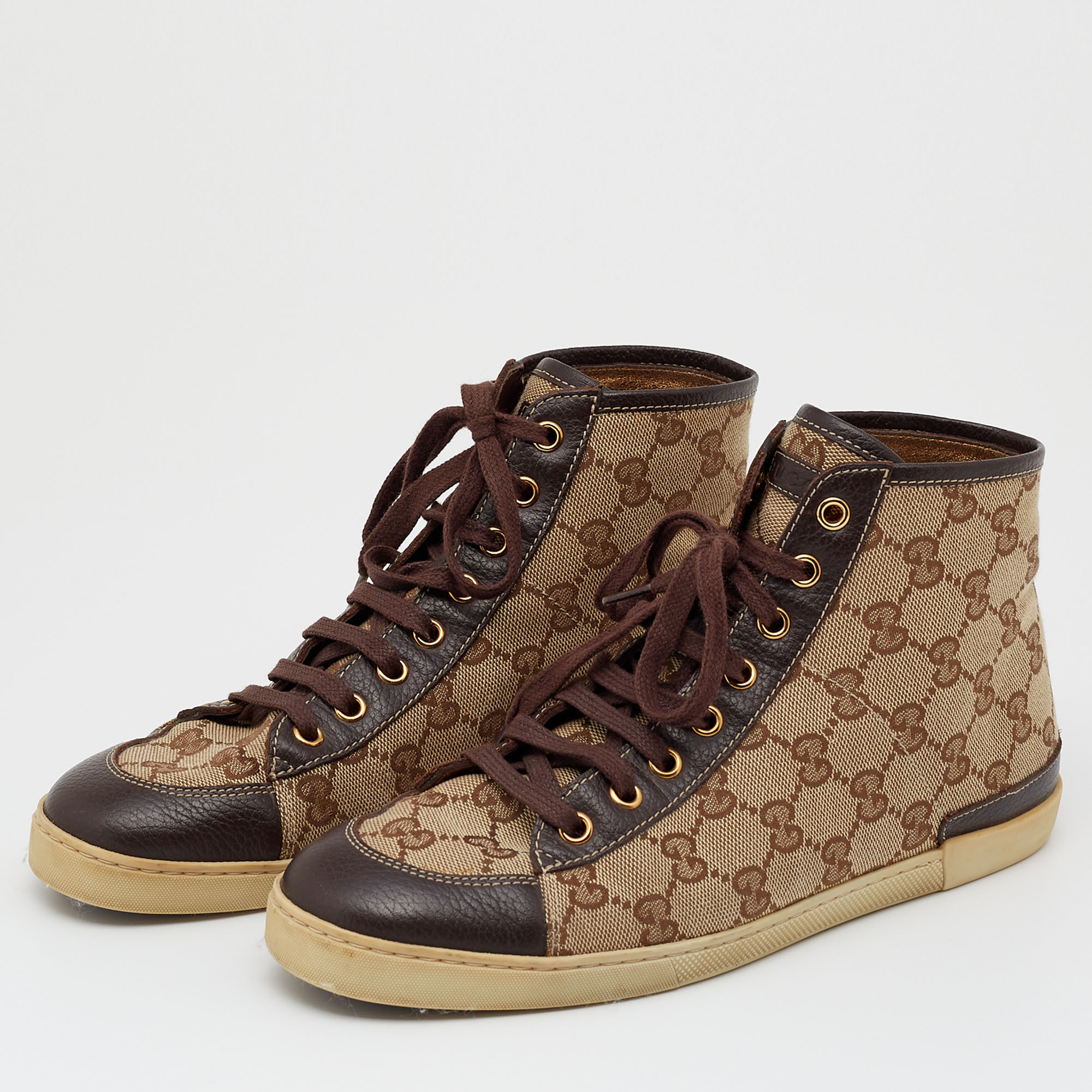 

Gucci Beige/Brown Leather And GG Supreme Canvas High Top Sneakers Size