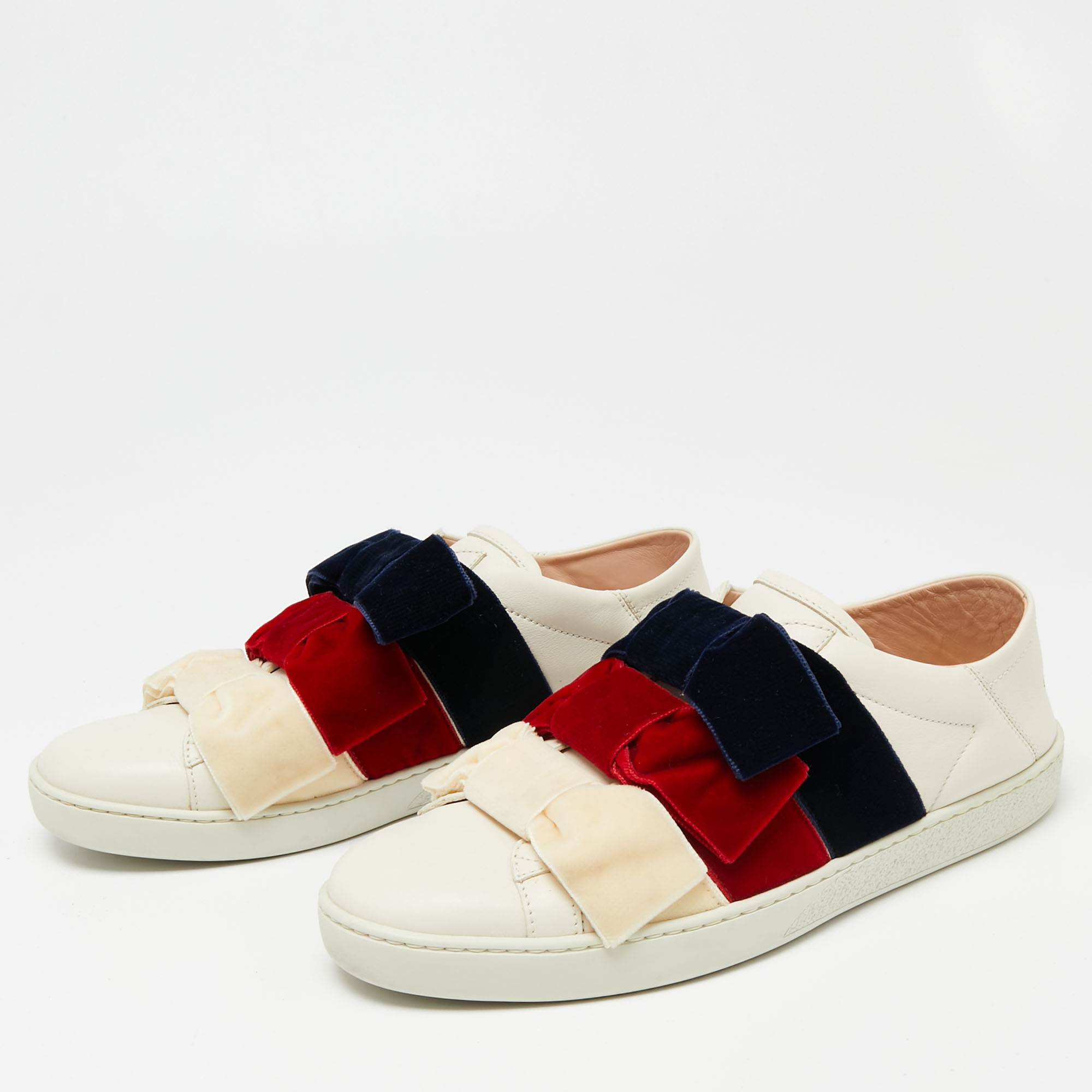 

Gucci Cream Leather And Velvet Bow Ace Slip On Sneakers Size, Multicolor