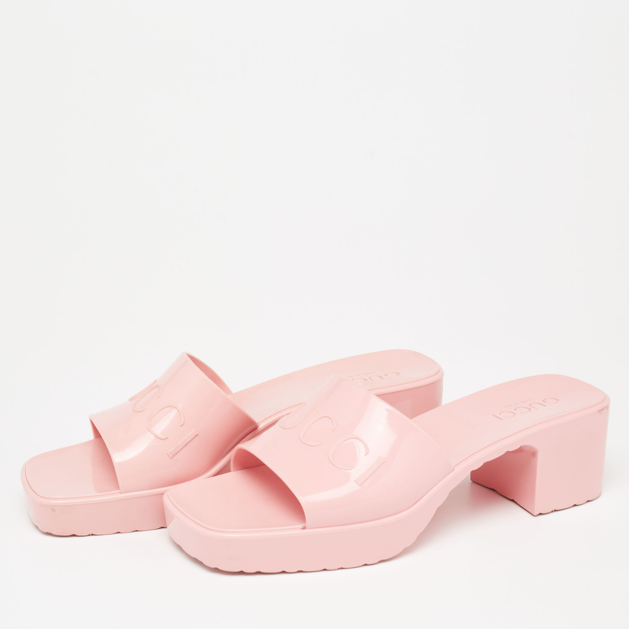 

Gucci Pink Rubber Slide Block Heel Sandals Size
