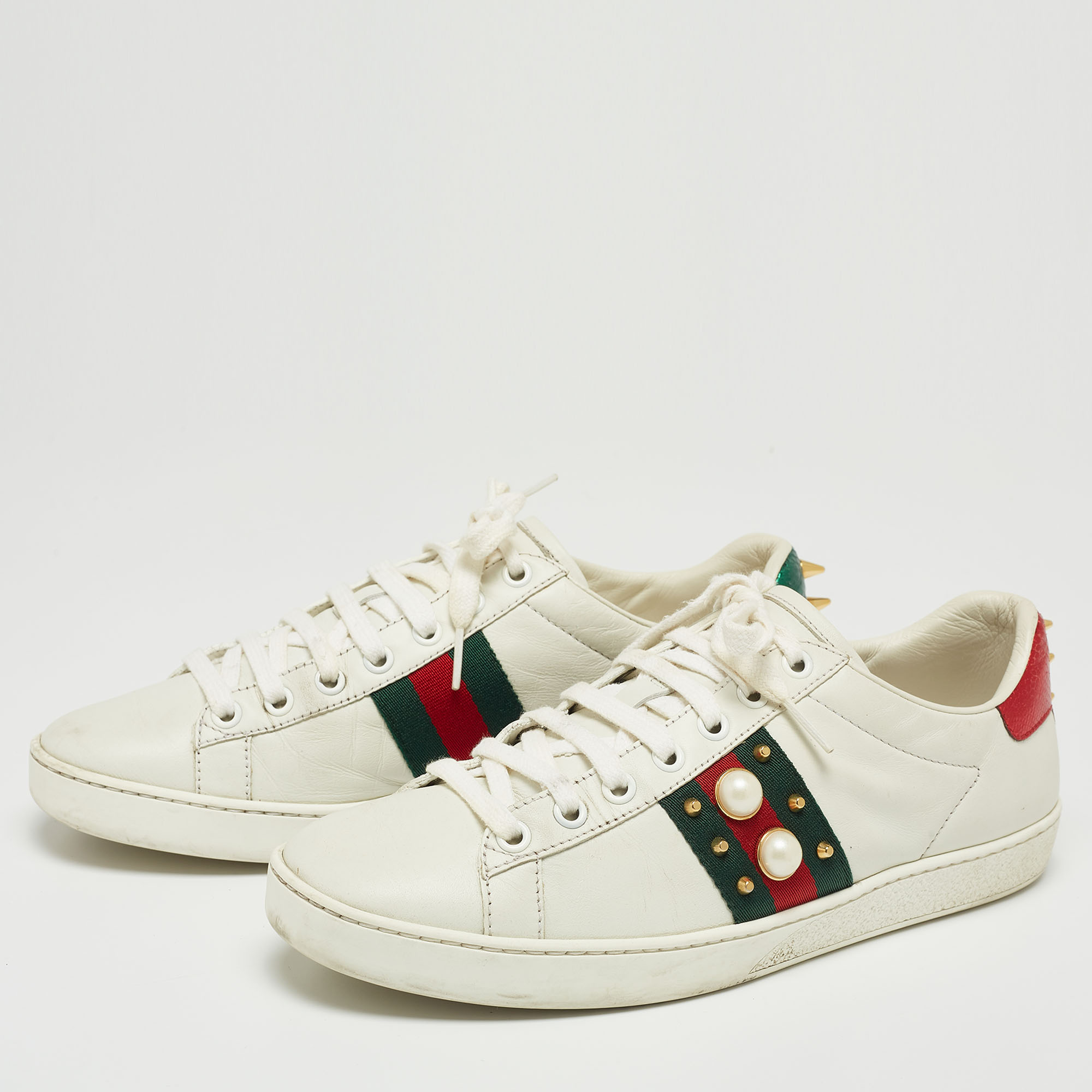 

Gucci White Leather And Python Embossed Leather Web Detail Ace Pearl Spike Low Top Sneakers Size