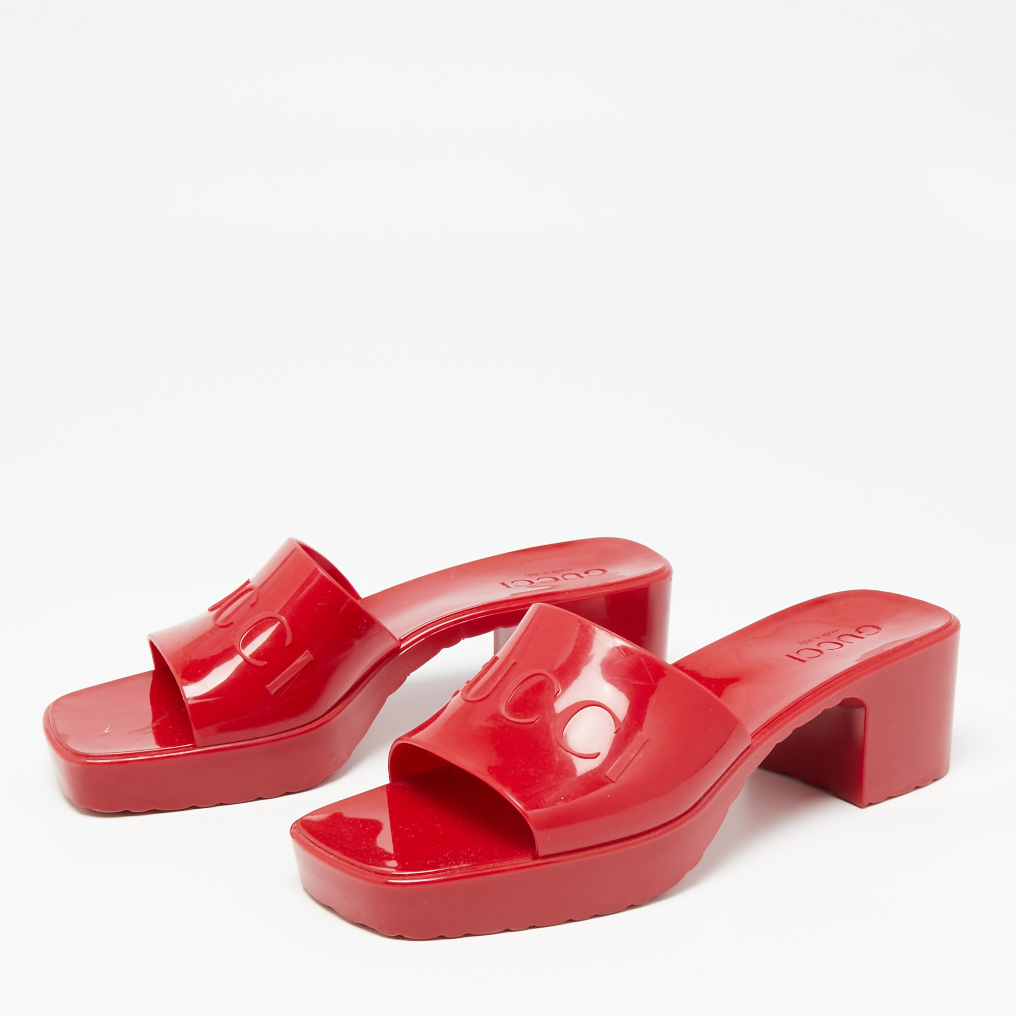 

Gucci Red Rubber Slide Block Heel Platform Sandals Size