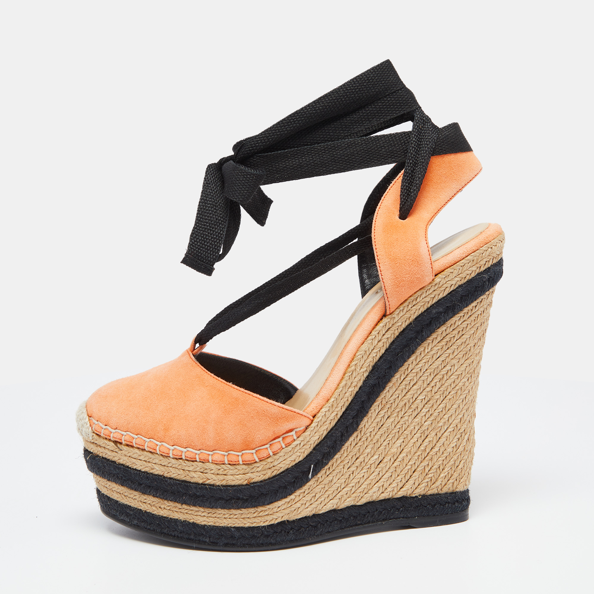 Pre-owned Gucci Orange/black Suede Wedge Espadrille Sandals Size 36