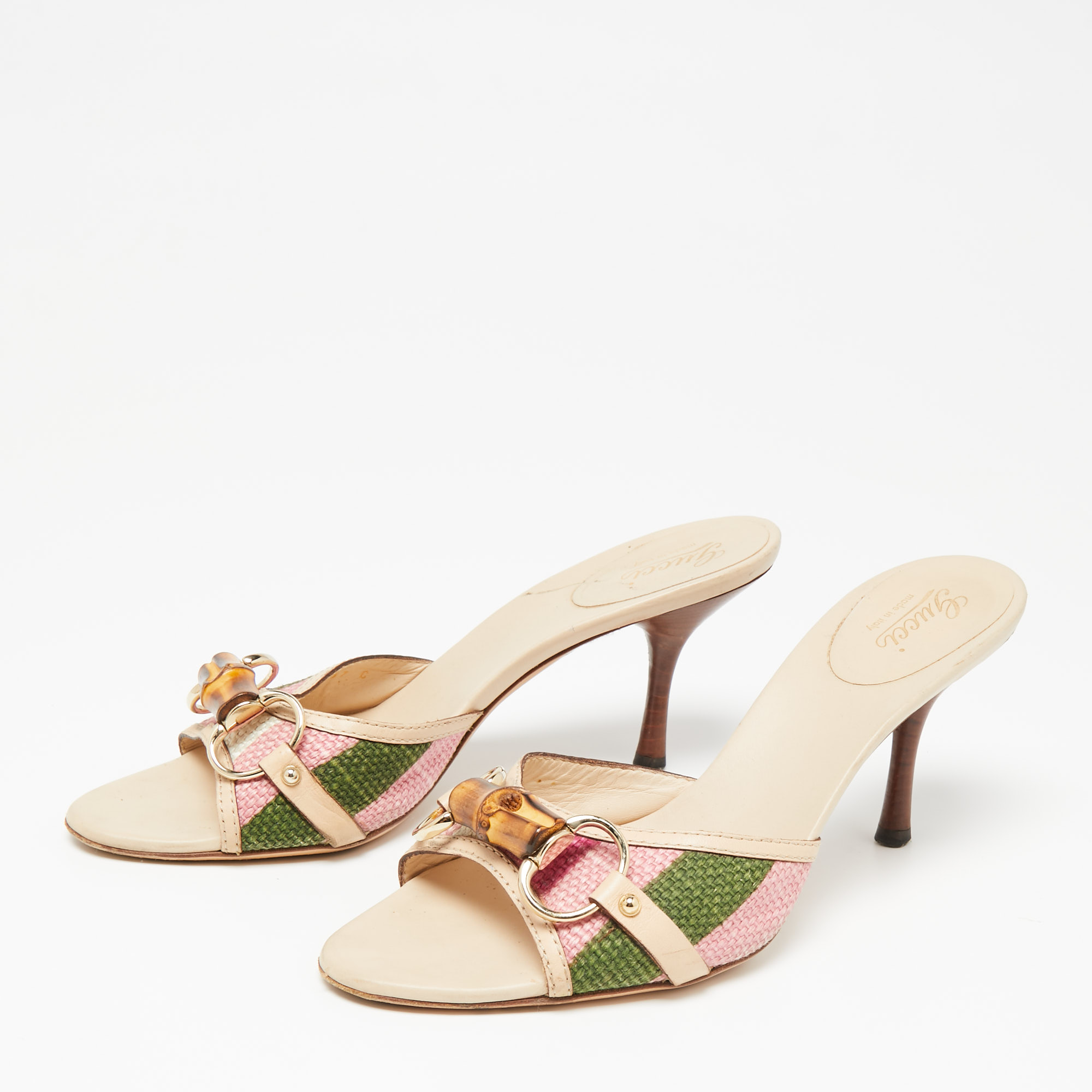 

Gucci Multicolor Canvas and Leather Bamboo Horsebit Slide Sandals Size